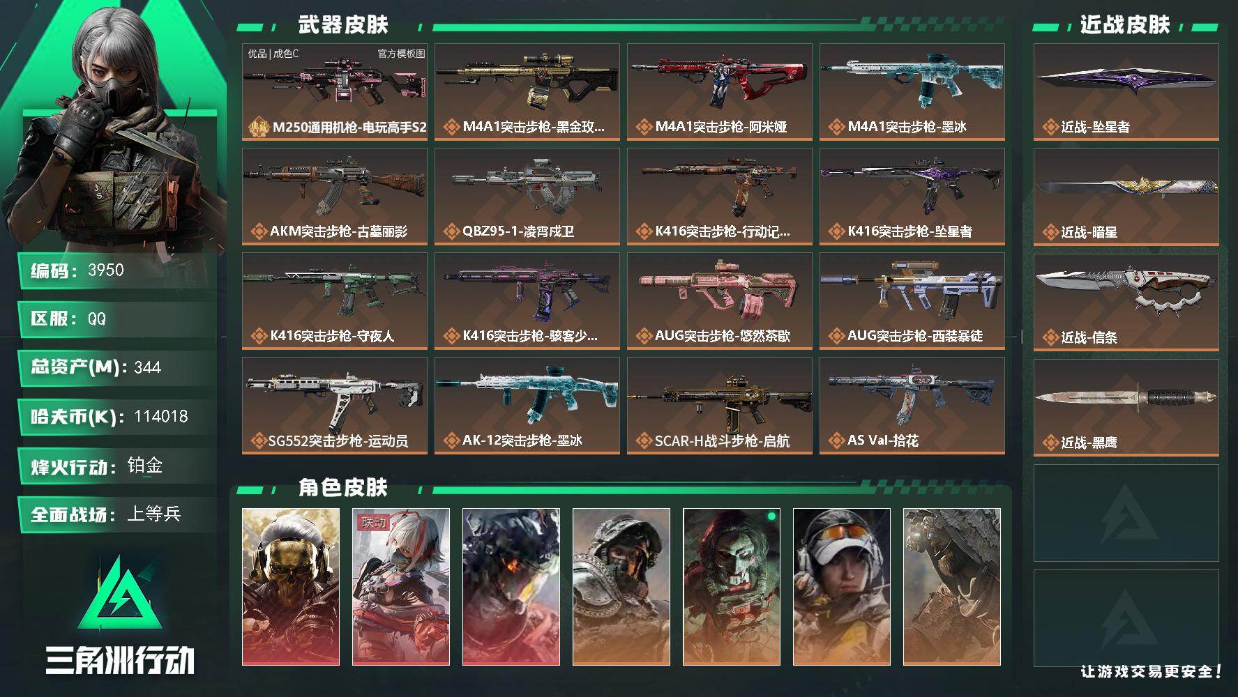 三角洲行动账号QQ【3950】总资产344M/哈夫币11401万/干员外观数12/战场等级29/行动等级60/安全箱等
