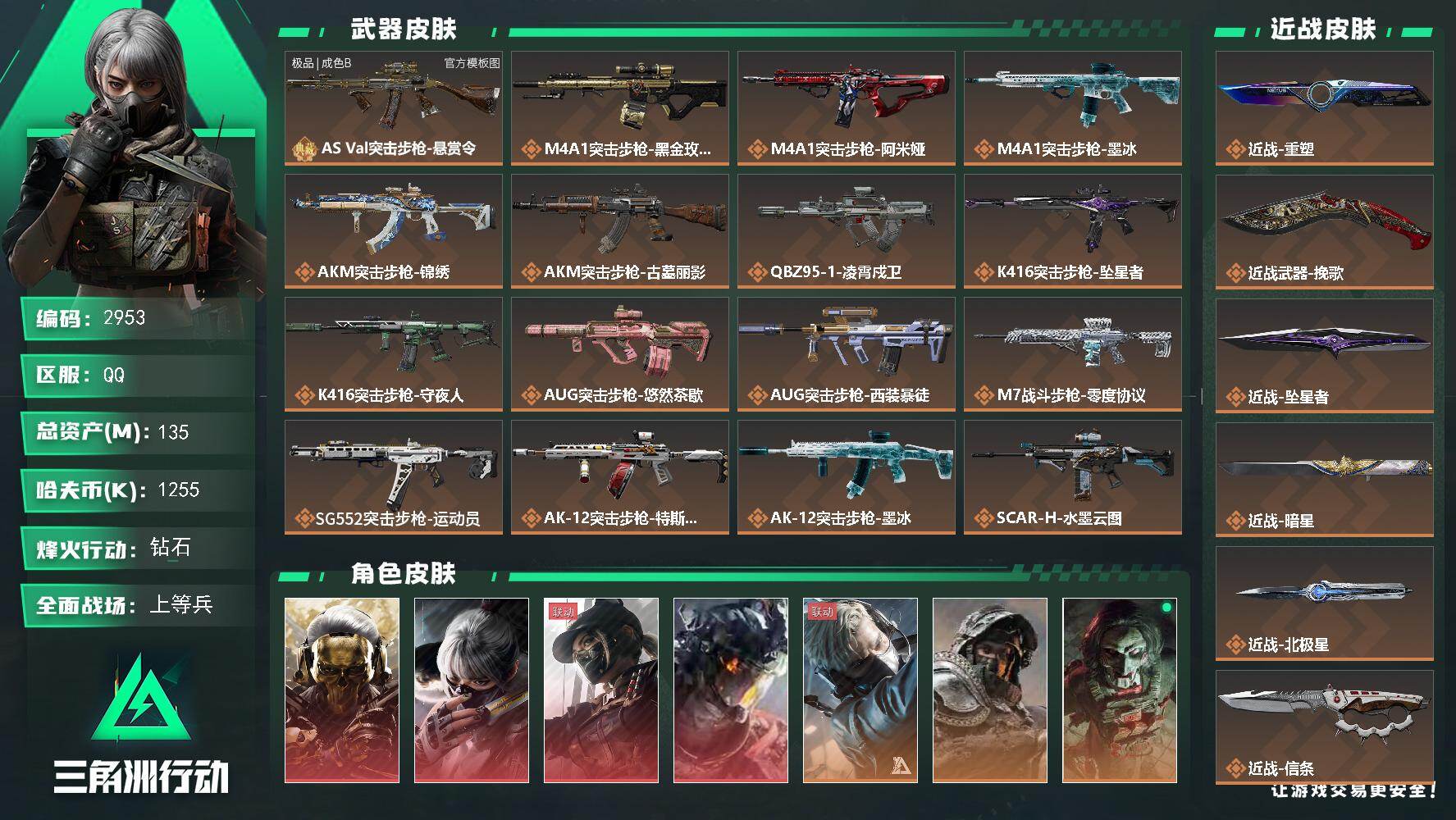 三角洲行动账号QQ135m总资产-1255k哈夫币-60烽火等级-钻石-23战场等级-上等兵
【干员外观】：红狼-蚀金