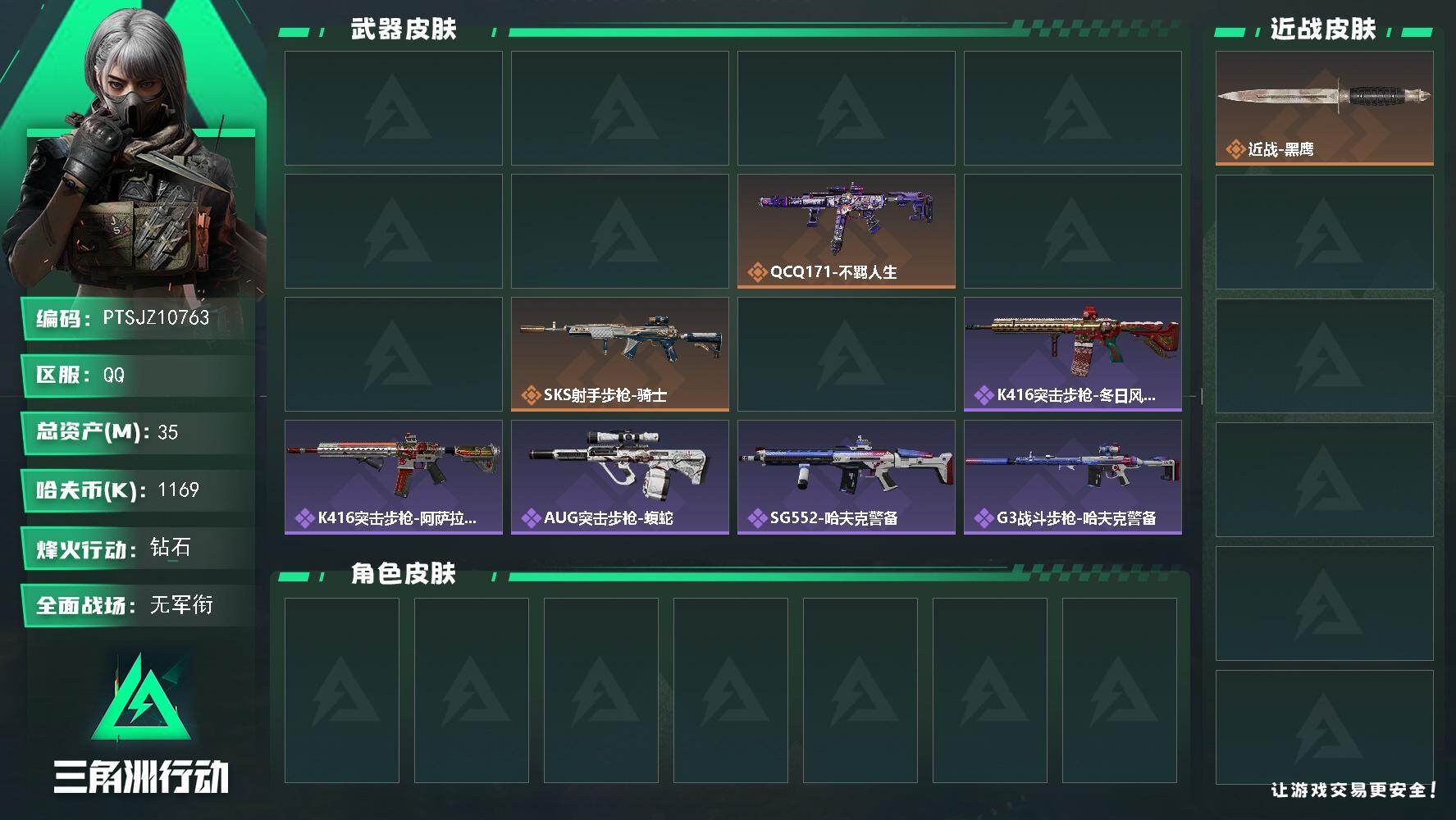 三角洲行动账号QQ【PTSJZ10763】总资产35M/哈夫币116万/干员外观数1/传说枪皮数11/战场等级1/行动