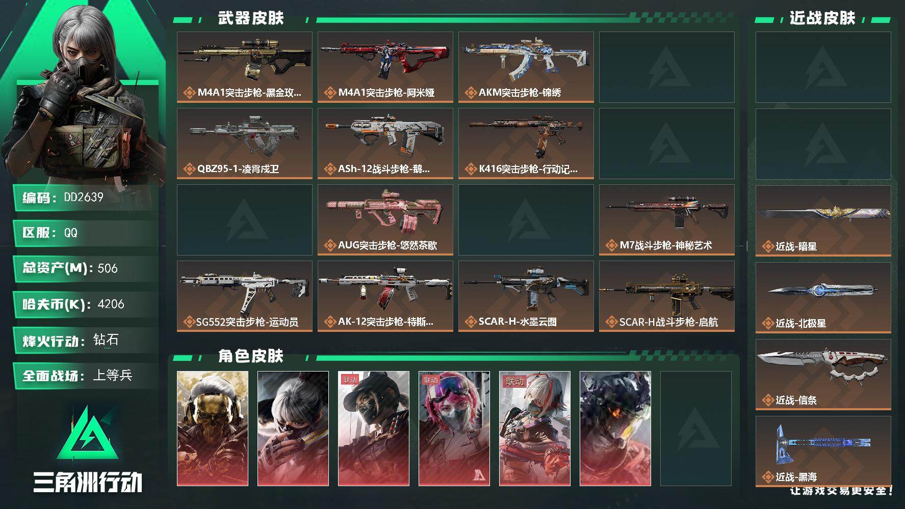 三角洲行动账号QQ2639/Q区【极品高资产多皮肤11刀6红有心有泪皮肤猛攻号】【总资产:506.2M+海洋之泪+非洲