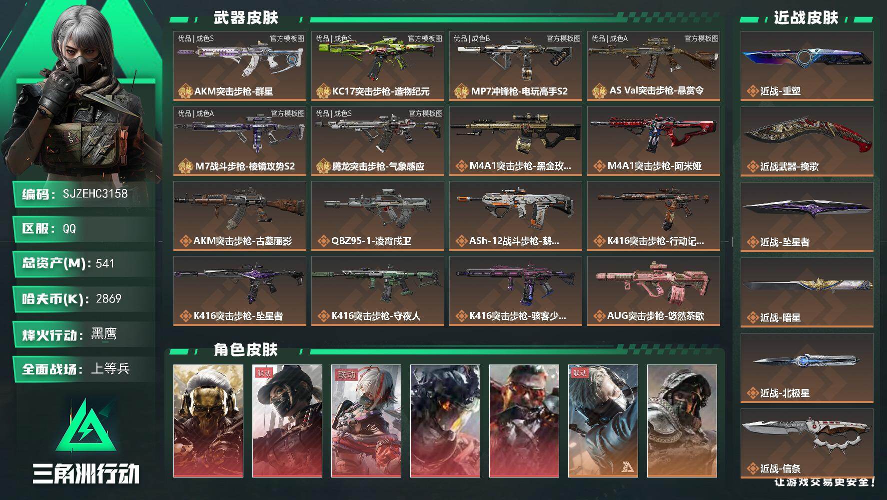 三角洲行动账号QQ【SJZEHC3158】EHC83262-106发AW-北极星-信条-重塑-挽歌-怜悯-坠星者-暗星-狂怒-凌霄戍卫-蚀金玫瑰-维什戴尔-黑天际线-5红皮-7刀皮-6典藏枪皮-11金皮
541m总资