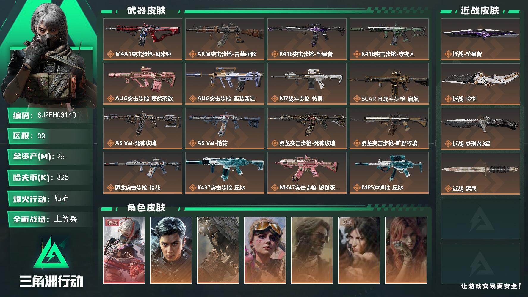 三角洲行动账号QQ【SJZEHC3140】EHC83257-怜悯-坠星者-维什戴尔-飞虎吴彦祖-1红皮-2刀皮-8金皮
25m总资产-325k哈夫币-60烽火等级-钻石-38战场等级-上等兵
【干员外观】：骇爪-维什