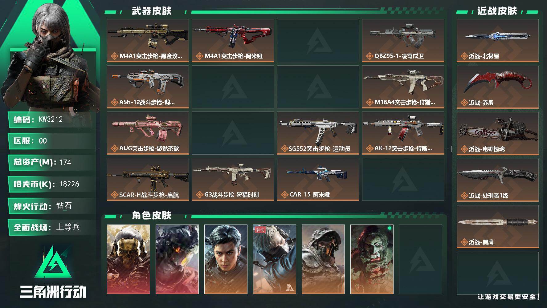 三角洲行动账号QQ【KW3212】总资产174M/哈夫币1822万/传说近战数4/干员外观数12/传说枪皮数49/战场等级50/行动等级60/安全箱等时效性道具以游戏内数据为准，详情请看图/红狼-蚀金玫瑰/威龙-凌霄