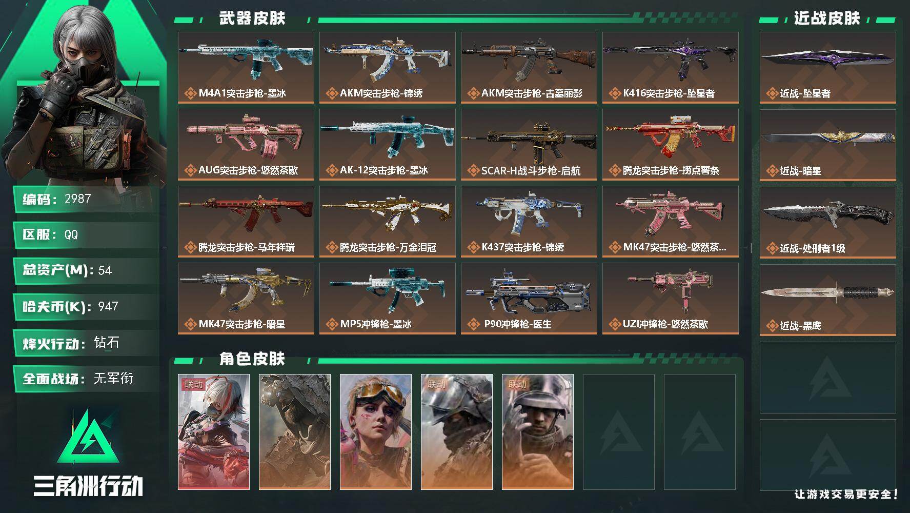 三角洲行动账号QQ54m总资产-947k哈夫币-60烽火等级-钻石-50战场等级-上等兵
【干员外观】：骇爪-维什戴尔