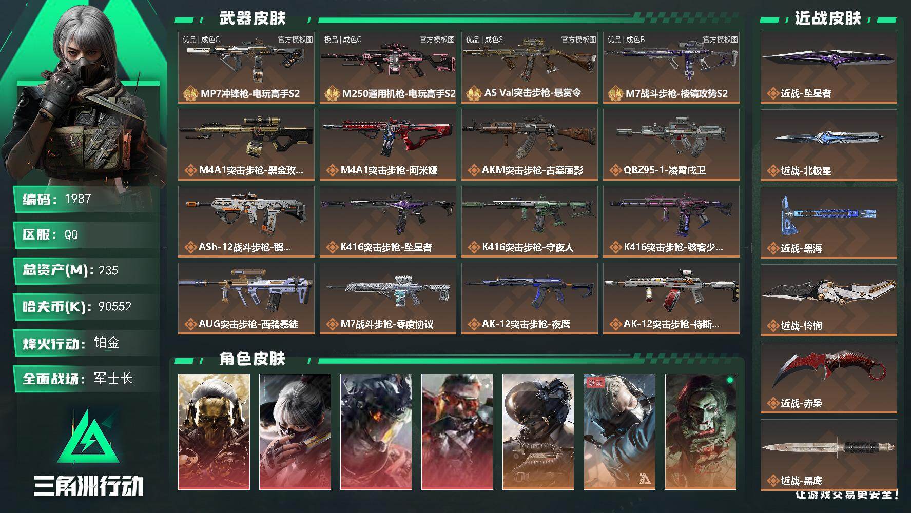 三角洲行动账号QQ235m总资产-90552k哈夫币-60烽火等级-铂金-50战场等级-军士长
【干员外观】：红狼-蚀