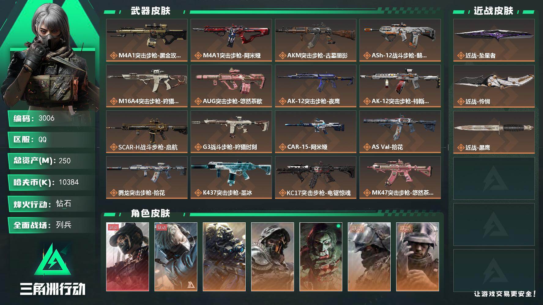 三角洲行动账号QQ250m总资产-10384k哈夫币-60烽火等级-钻石-40战场等级-列兵
【干员外观】：露娜-黑·