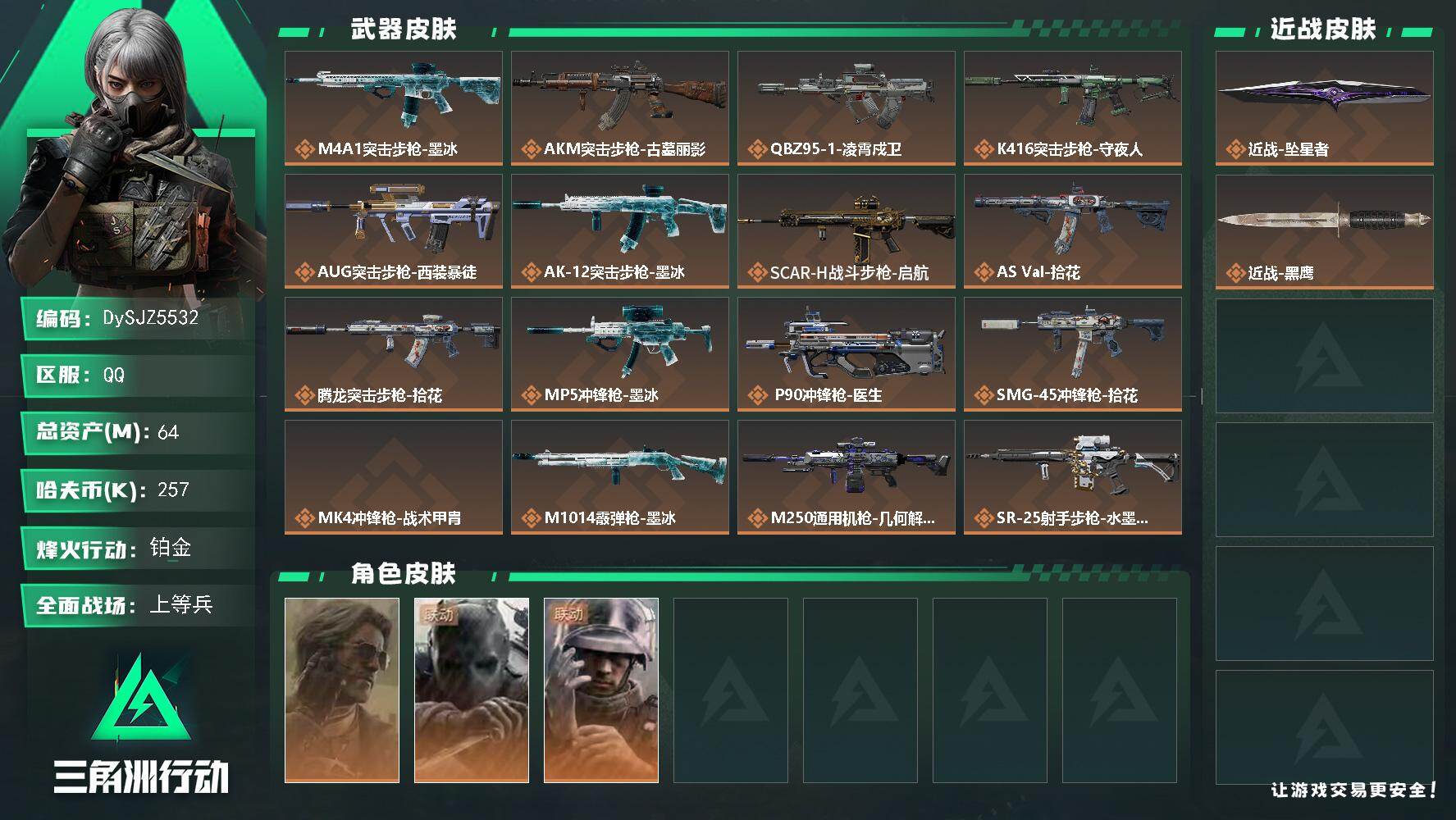 三角洲行动账号QQ【DySJZ5532】总资产64M/哈夫币25万/传说近战数1/干员外观数3/传说枪皮数16/战场等级43/行动等级60/安全箱等时效性道具以游戏内数据为准，详情请看图/银翼-未结卷宗/无名-守夜人