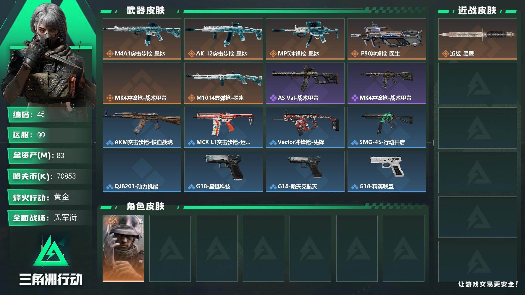 三角洲行动账号QQ【45】83m总资产70853k哈夫币60烽火等级黄金1战场等级无军衔
【干员外观】蜂医医生
【近战
