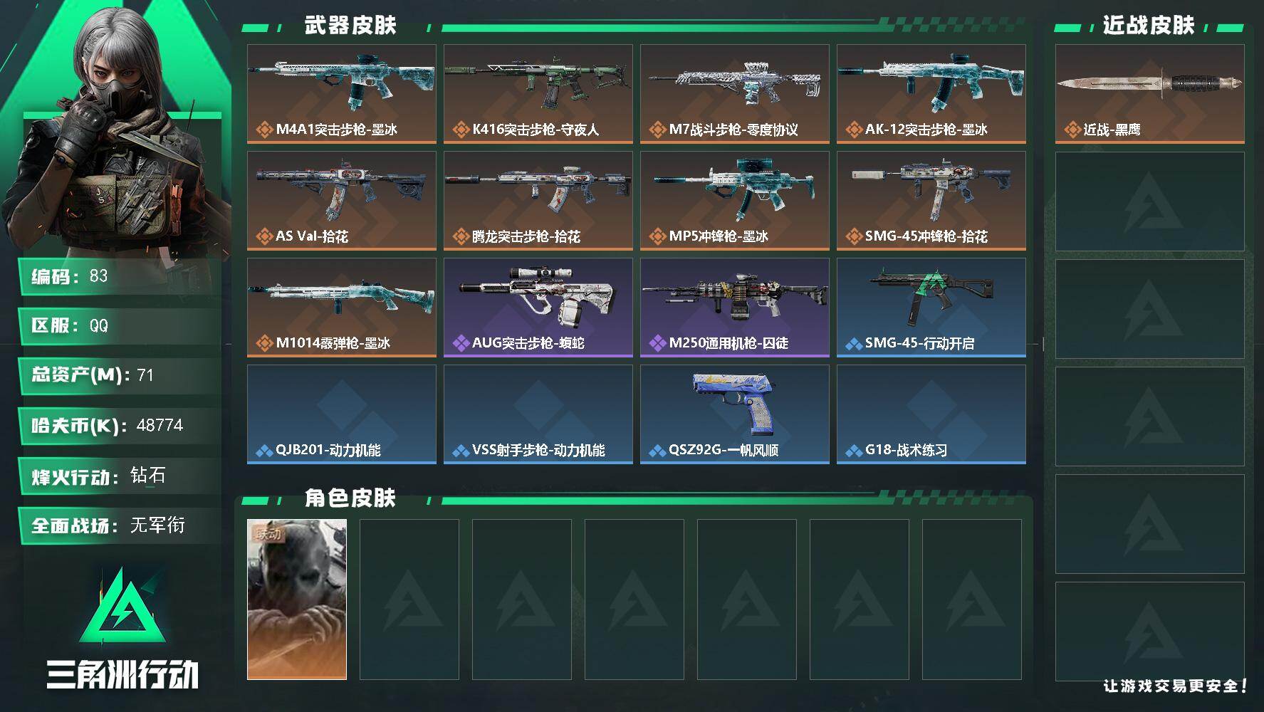 三角洲行动账号QQ【83】71m总资产48774k哈夫币45烽火等级钻石1战场等级无军衔
【干员外观】无名守夜人
【近