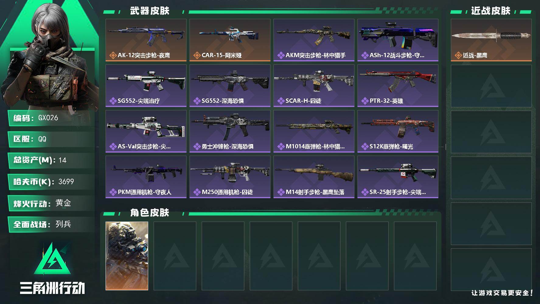 三角洲行动账号QQ【GX026】14m总资产3699k哈夫币60烽火等级黄金8战场等级列兵
【干员外观】无名夜鹰
【近