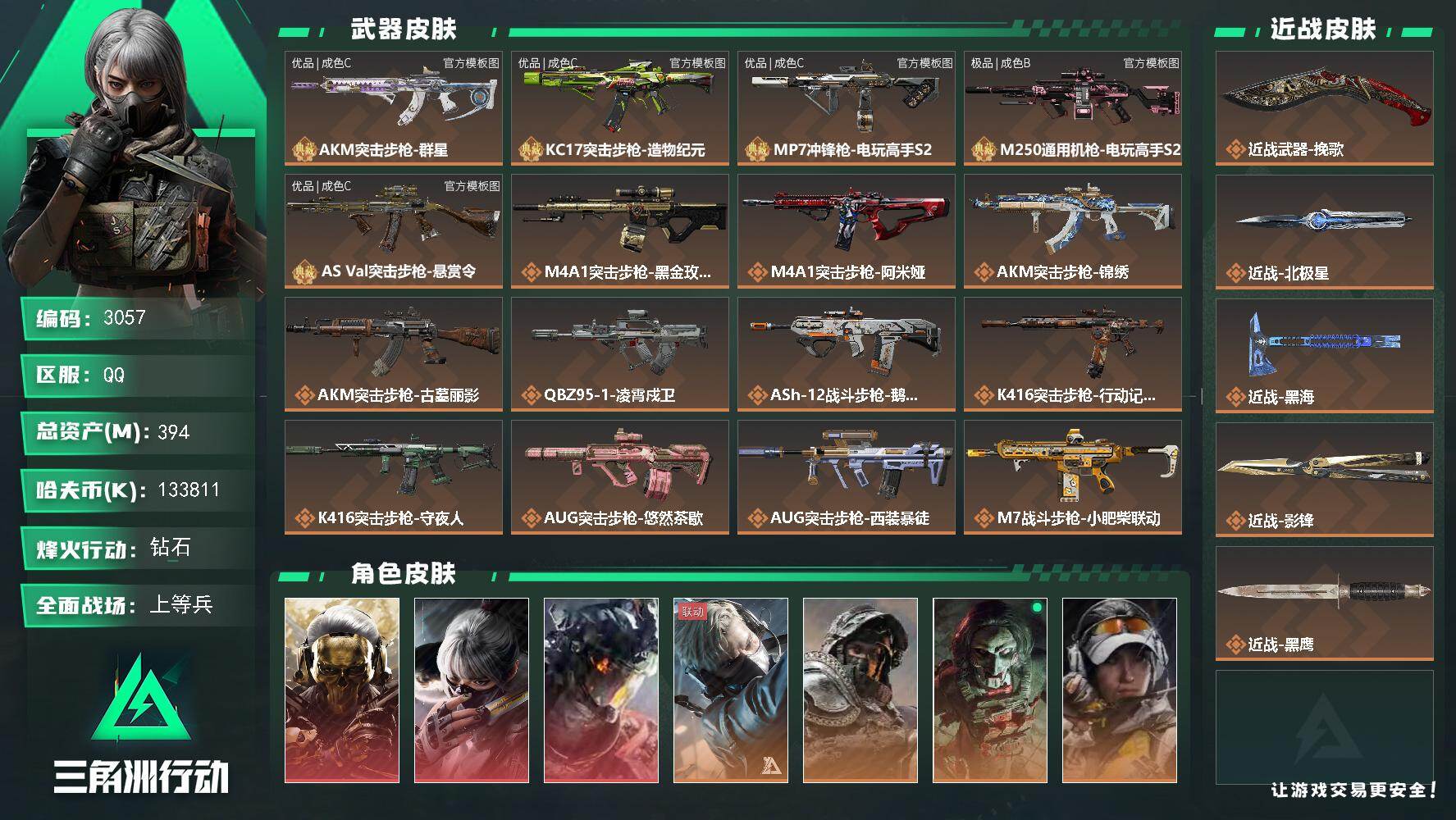 三角洲行动账号QQ394m总资产-k哈夫币-60烽火等级-钻石-50战场等级-上等兵
【干员外观】：红狼-蚀金玫瑰，骇