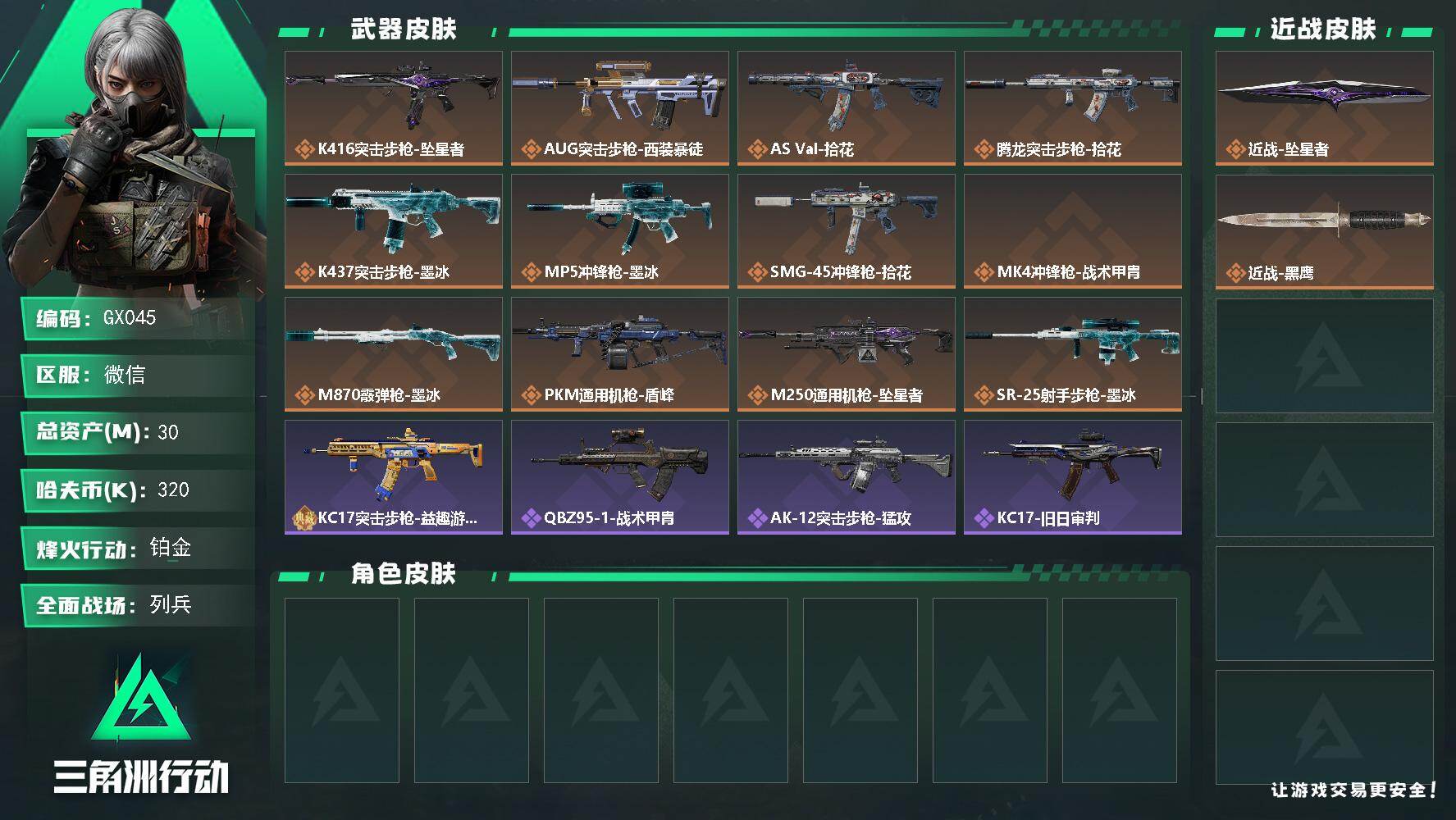 三角洲行动账号VX【GX045】30m总资产320k哈夫币60烽火等级铂金6战场等级列兵
【近战皮肤】近战坠星者近战黑
