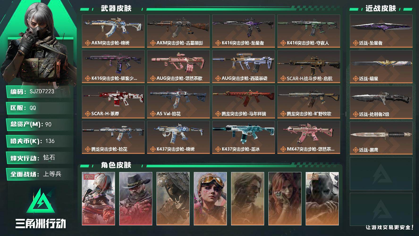 三角洲行动账号QQ【SJZD7223】总资产90M/哈夫币13万/传说近战数3/干员外观数8/传说枪皮数37/战场等级43/行动等级60/安全箱等时效性道具以游戏内数据为准，详情请看图/骇爪-维什戴尔/乌鲁鲁-荒原猎