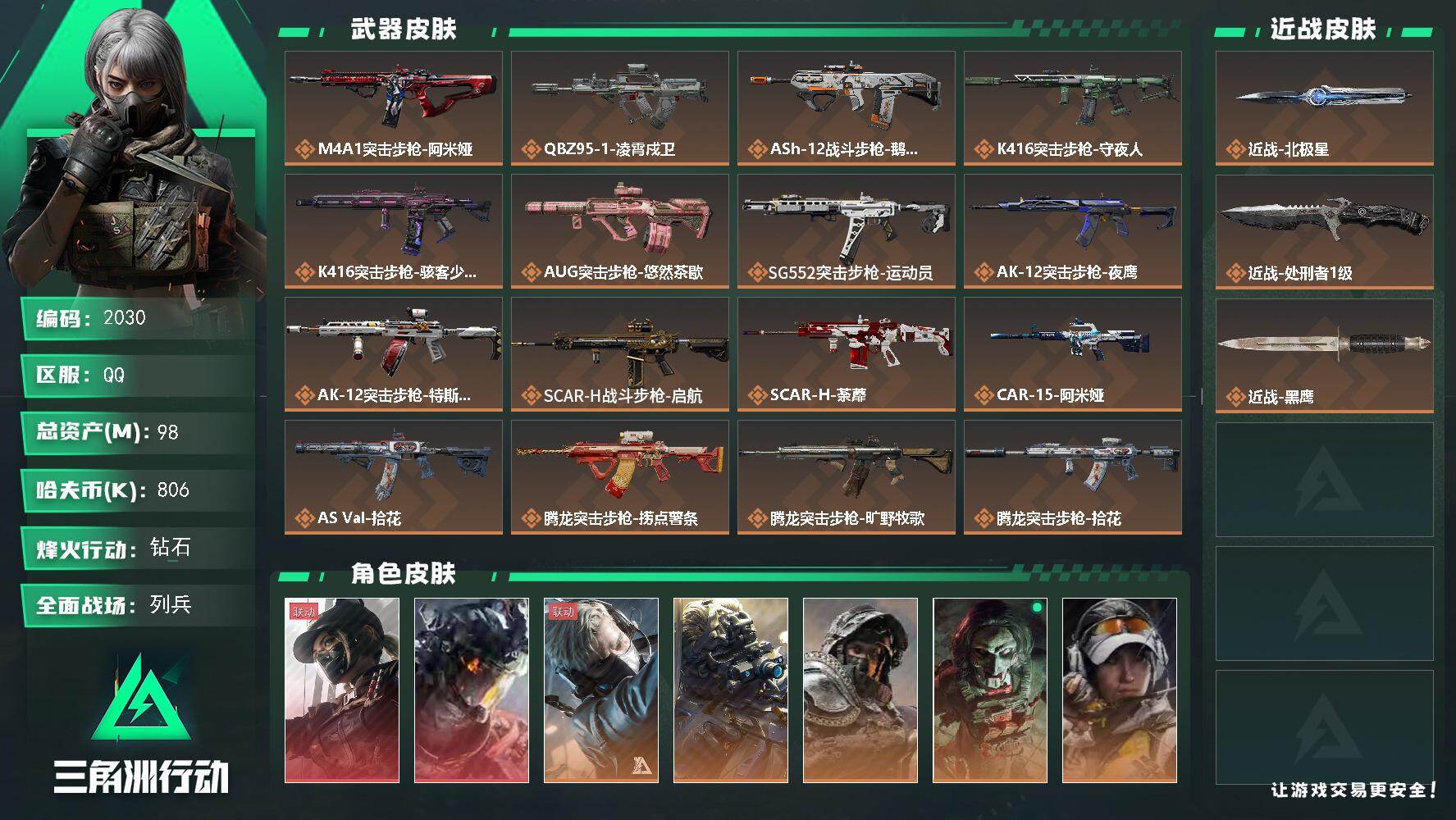 三角洲行动账号QQ98m总资产-806k哈夫币-60烽火等级-钻石-30战场等级-列兵
【干员外观】：露娜-黑·天际线