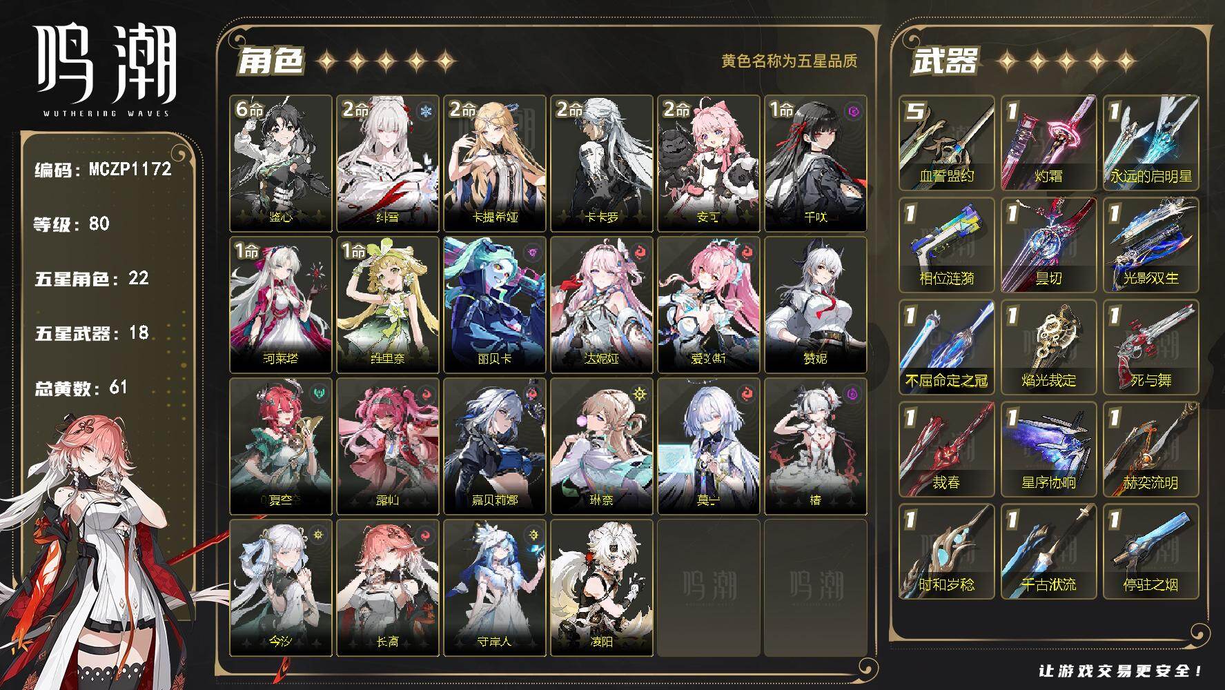 【MCZP1172】80级/61黄/男主/22个五星角色/18个五星武器/未绑定/鉴心/绯雪/卡提希娅/安可/卡卡罗/千咲/珂莱塔/维里奈/莫宁/琳奈/达妮娅/爱弥斯/嘉贝莉娜/露帕/夏空/赞妮/椿/守岸人/长离/今汐/丽贝卡/凌阳/血誓盟约/星序协响/漪澜浮录/焰光裁定/相位涟漪/光影双生/死与舞/停驻之烟/灼霜/永远的启明星/不屈命定之冠/裁春/赫奕流明/千古洑流/昙切/时和岁稔/满命鉴心/2命绯雪/2命卡提希娅/2命安可/2命卡卡罗/1命千咲/1命珂莱塔/1命维里奈/0