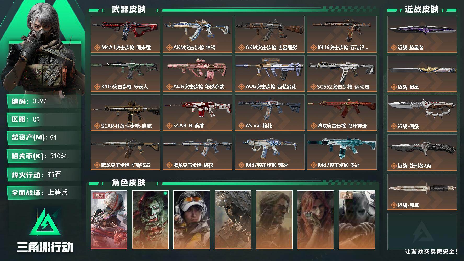 三角洲行动账号QQ91m总资产-31064k哈夫币-60烽火等级-钻石-50战场等级-上等兵
【干员外观】：骇爪-维什