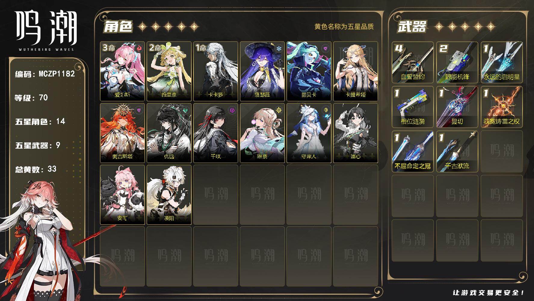 【MCZP1182】70级/33黄/女主/14个五星角色/9个五星武器/未绑定/爱弥斯/维里奈/卡卡罗/洛瑟菈/琳奈/千咲/奥古斯塔/卡提希娅/守岸人/仇远/安可/丽贝卡/凌阳/鉴心/血誓盟约/源能机锋/相位涟漪/永远的启明星/不屈命定之冠/千古洑流/昙切/驭冕铸雷之权/3命爱弥斯/2命维里奈/1命卡卡罗/0命洛瑟菈/0命琳奈/0命千咲/0命奥古斯塔/0命卡提希娅/0命守岸人/0命仇远/0命安可/0命丽贝卡/0命凌阳/0命鉴心/精4血誓盟约/精2源能机锋/精1相位涟漪/精1永