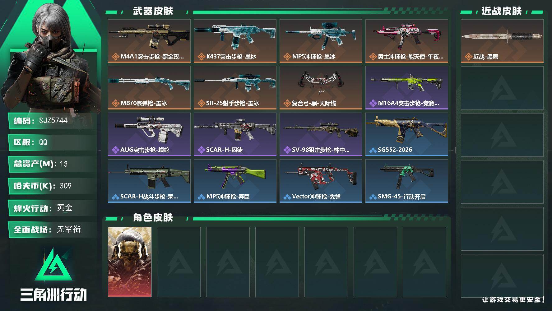 三角洲行动账号QQ【SJZ5744】总资产13M/哈夫币30万/干员外观数1/传说枪皮数7/战场等级1/行动等级45/安全箱等时效性道具以游戏内数据为准，详情请看图/红狼-蚀金玫瑰/近战-黑鹰/ M4A1突击步枪-蚀