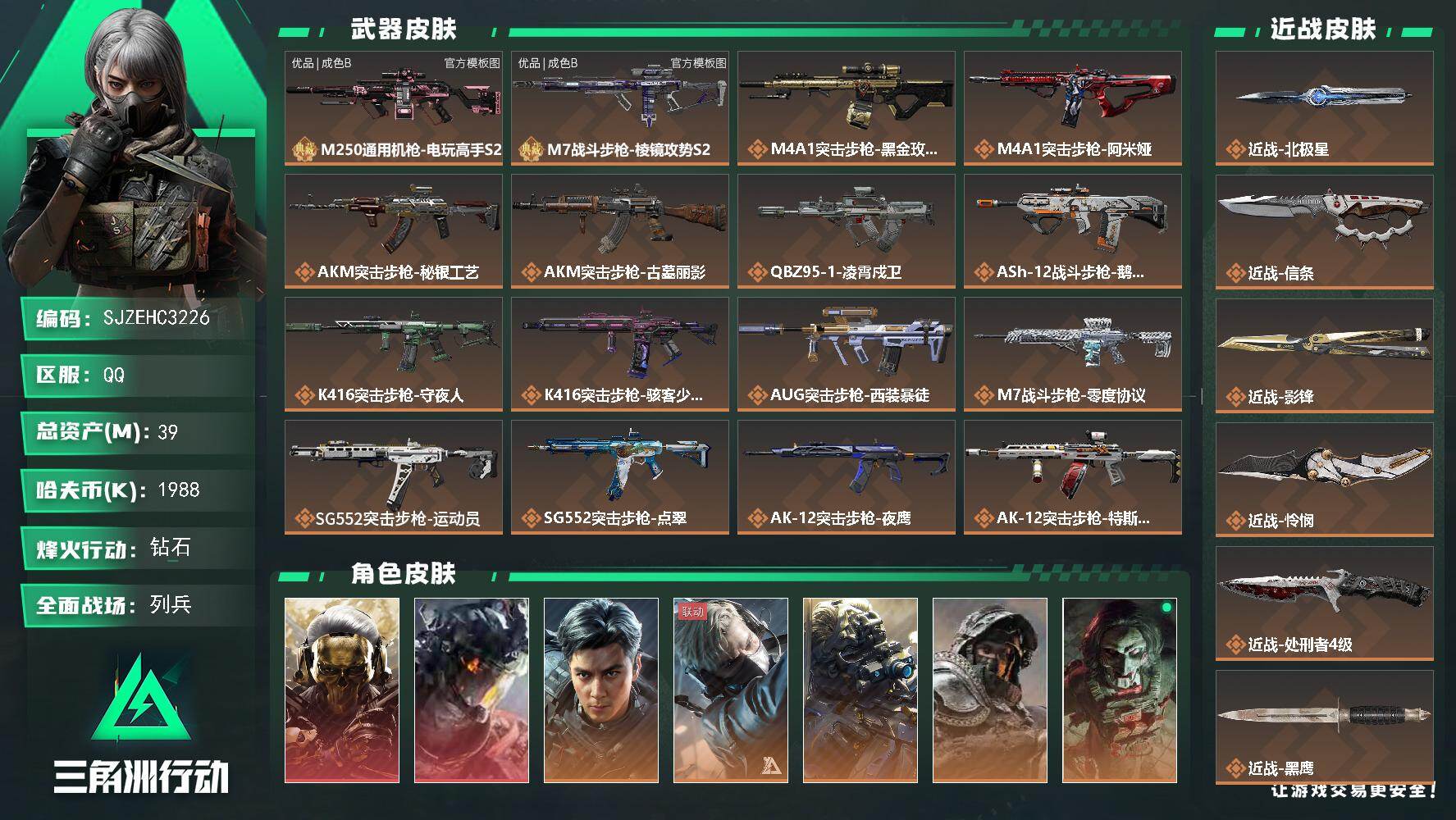 三角洲行动账号QQ【SJZEHC3226】EHC83285-北极星-怜悯-信条-影锋-凌霄戍卫-蚀金玫瑰-飞虎吴彦祖-2红皮-4刀皮-2典藏枪皮-12金皮
39m总资产-1988k哈夫币-60烽火等级-钻石-22战场