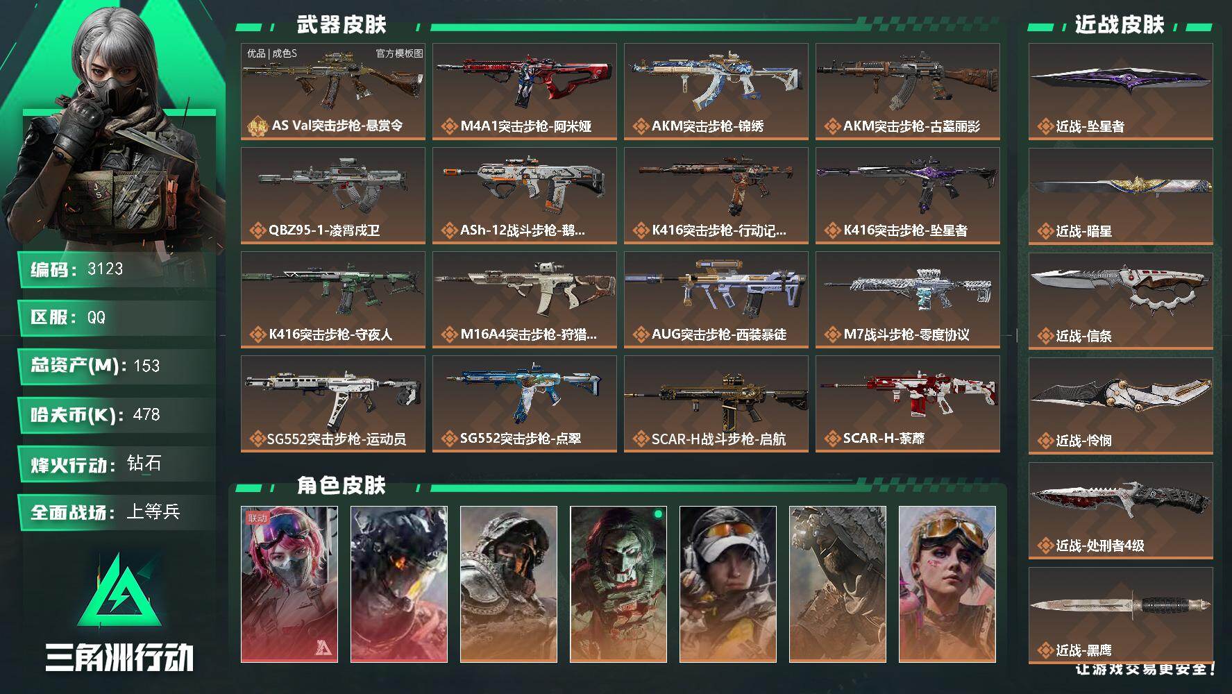三角洲行动账号QQ153m总资产-478k哈夫币-60烽火等级-钻石-50战场等级-上等兵
【干员外观】：蛊-能天使午