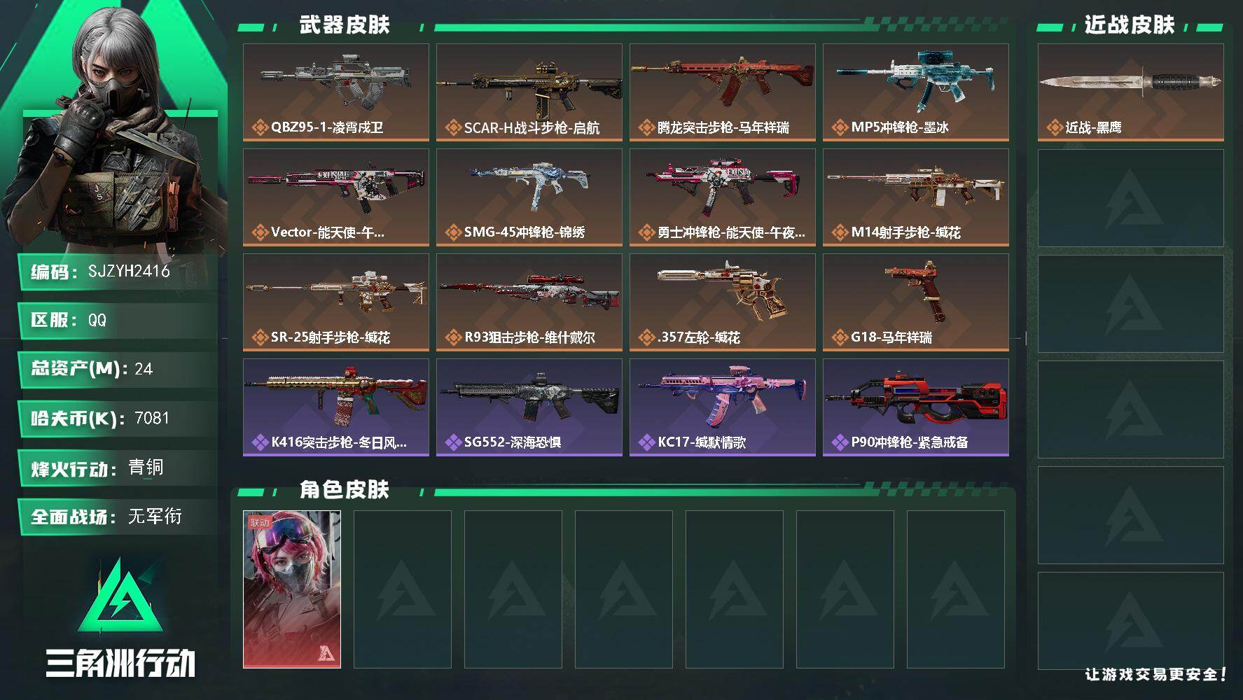 三角洲行动账号QQ【SJZYH2416】总资产24M/哈夫币708万/干员外观数1/传说枪皮数12/战场等级2/行动等级24/安全箱等时效性道具以游戏内数据为准，详情请看图/蛊-能天使午夜邮差/近战-黑鹰/QBZ95