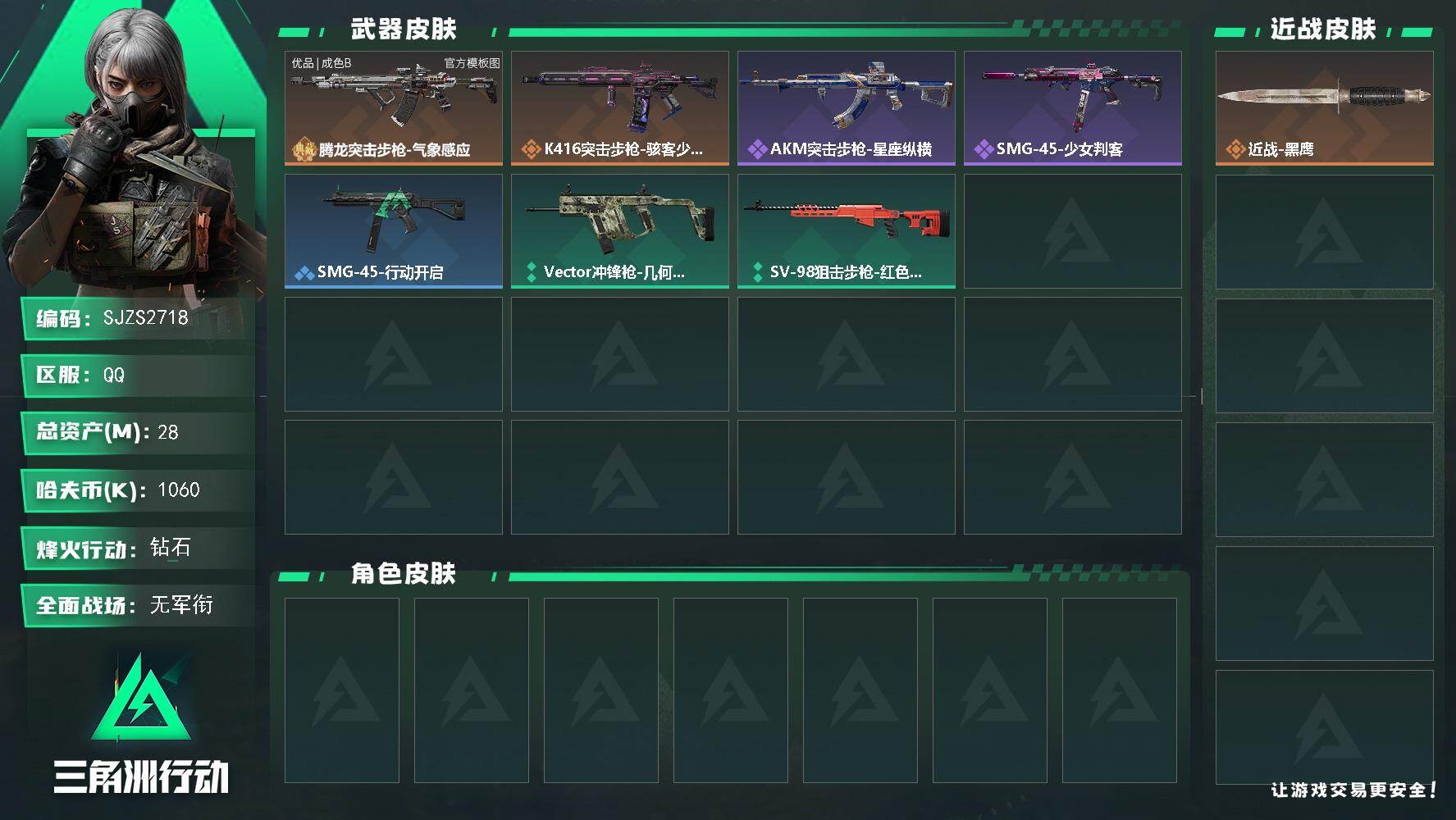 三角洲行动账号QQ【SJZS2718】总资产28M/哈夫币106万/典藏外观数1/传说枪皮数2/战场等级1/行动等级47/安全箱等时效性道具以游戏内数据为准，详情请看图/近战-黑鹰/腾龙突击步枪-气象感应/腾龙突击步