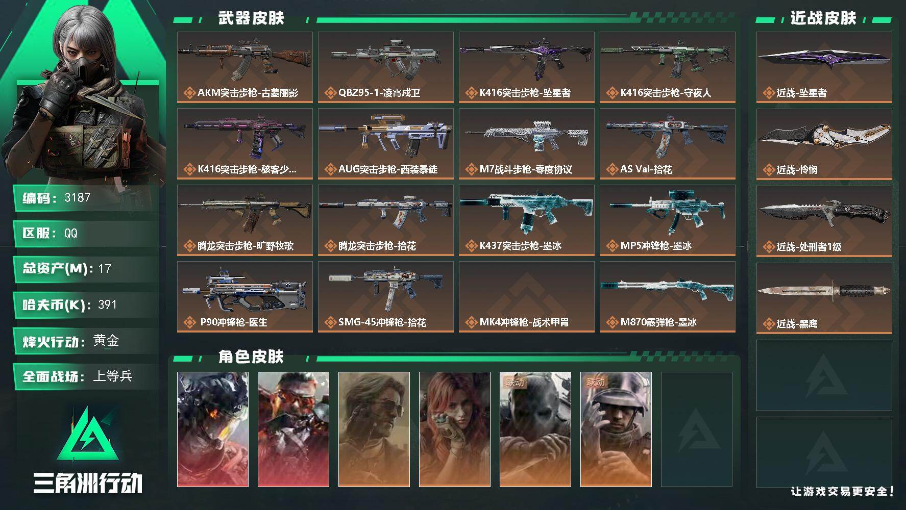 三角洲行动账号QQ17m总资产-391k哈夫币-60烽火等级-黄金-28战场等级-上等兵
【干员外观】：威龙-凌霄戍卫