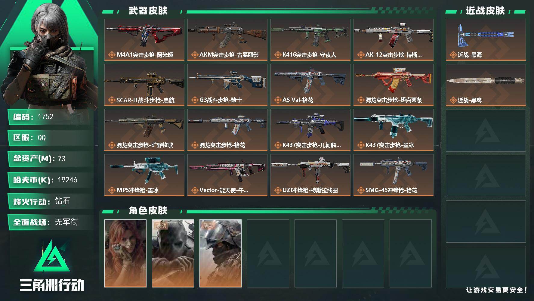 三角洲行动账号QQ73m总资产-19246k哈夫币-60烽火等级-钻石-1战场等级-无军衔
【干员外观】：疾风-西部往