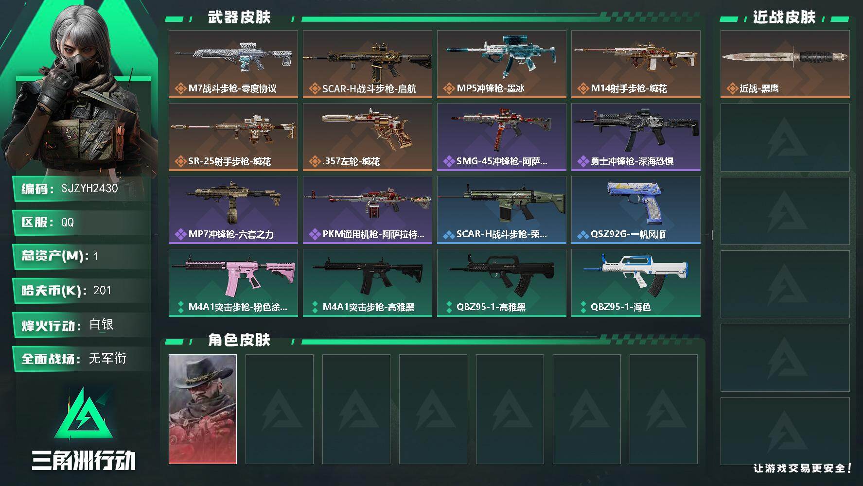三角洲行动账号QQ【SJZYH2430】总资产1M/哈夫币20万/干员外观数1/传说枪皮数6/战场等级1/行动等级22/安全箱等时效性道具以游戏内数据为准，详情请看图/牧羊人-安魂/近战-黑鹰/ M7战斗步枪-零度协