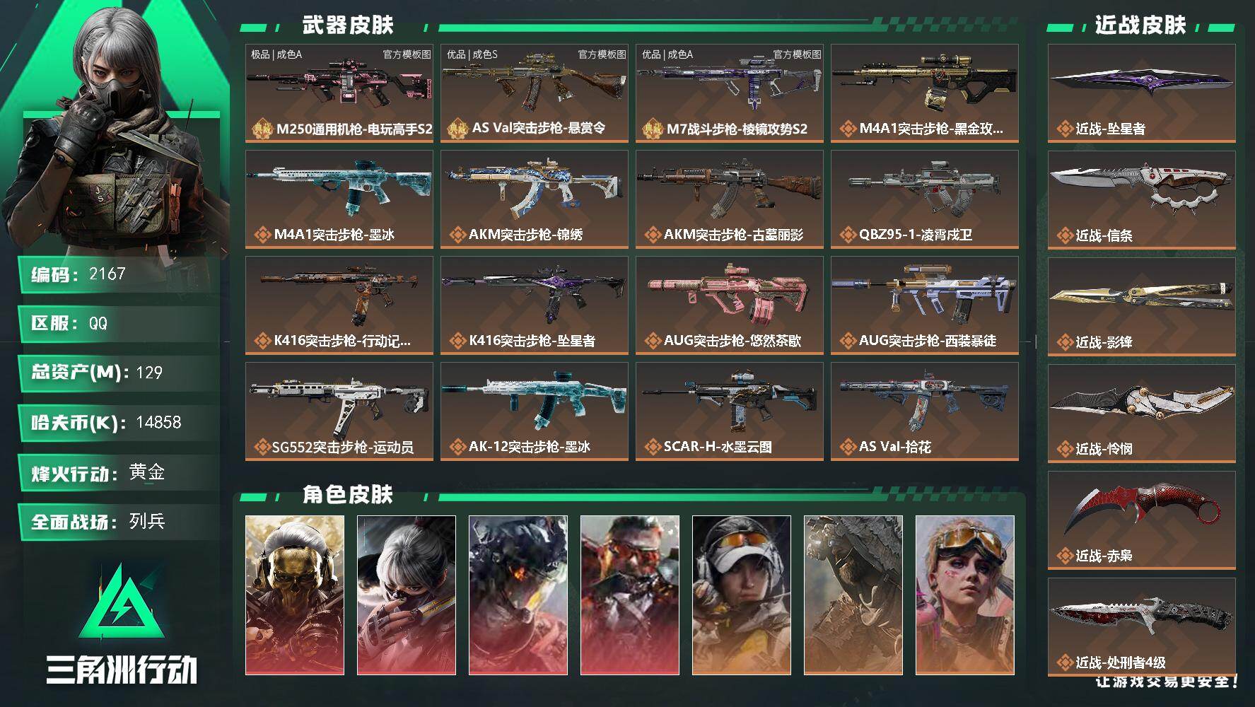 三角洲行动账号QQ129m总资产-14858k哈夫币-60烽火等级-黄金-8战场等级-列兵
【干员外观】：红狼-蚀金玫