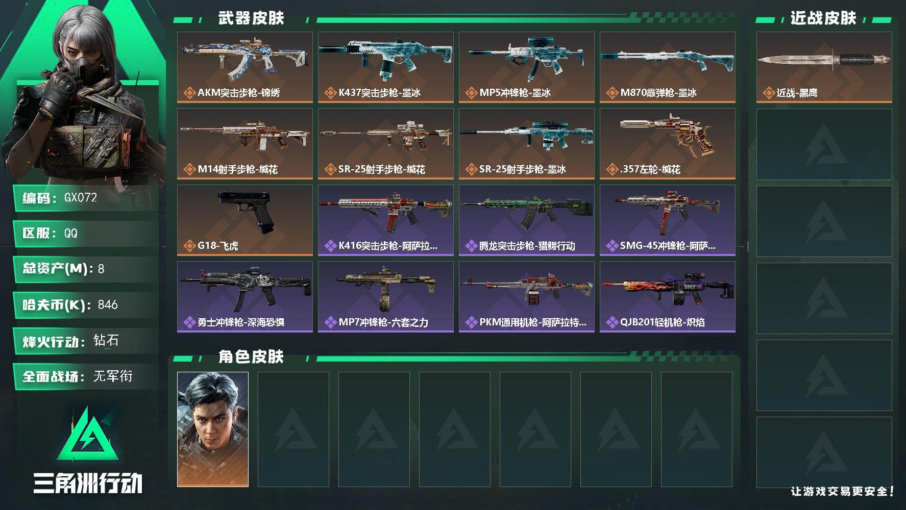 三角洲行动账号QQ【GX072】8m总资产846k哈夫币60烽火等级钻石1战场等级无军衔
【干员外观】威龙飞虎
【近战
