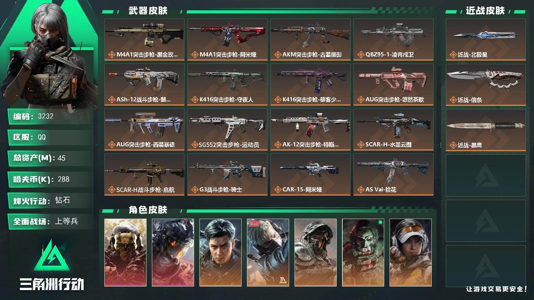 三角洲行动账号QQ45m总资产-288k哈夫币-60烽火等级-钻石-38战场等级-上等兵
【干员外观】：红狼-蚀金玫瑰