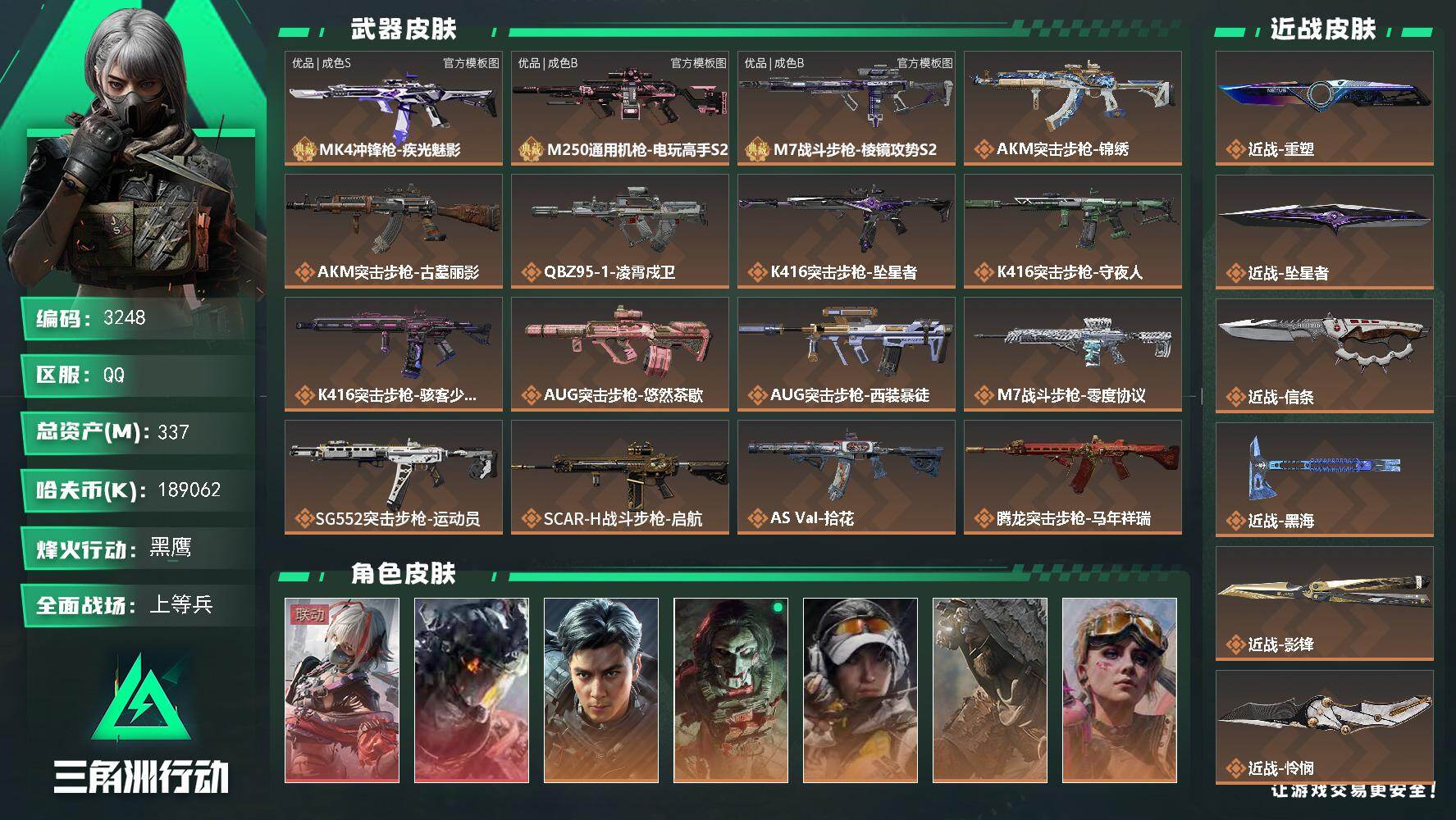 三角洲行动账号QQ189m纯币/337m总资产-k哈夫币-60烽火等级-黑鹰-28战场等级-上等兵
【干员外观】：骇爪