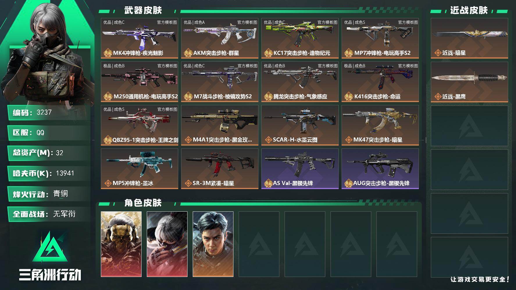 三角洲行动账号QQ极品s速度线/渐变色AK/32m总资产-13941k哈夫币-27烽火等级-青铜-1战场等级-无军衔
