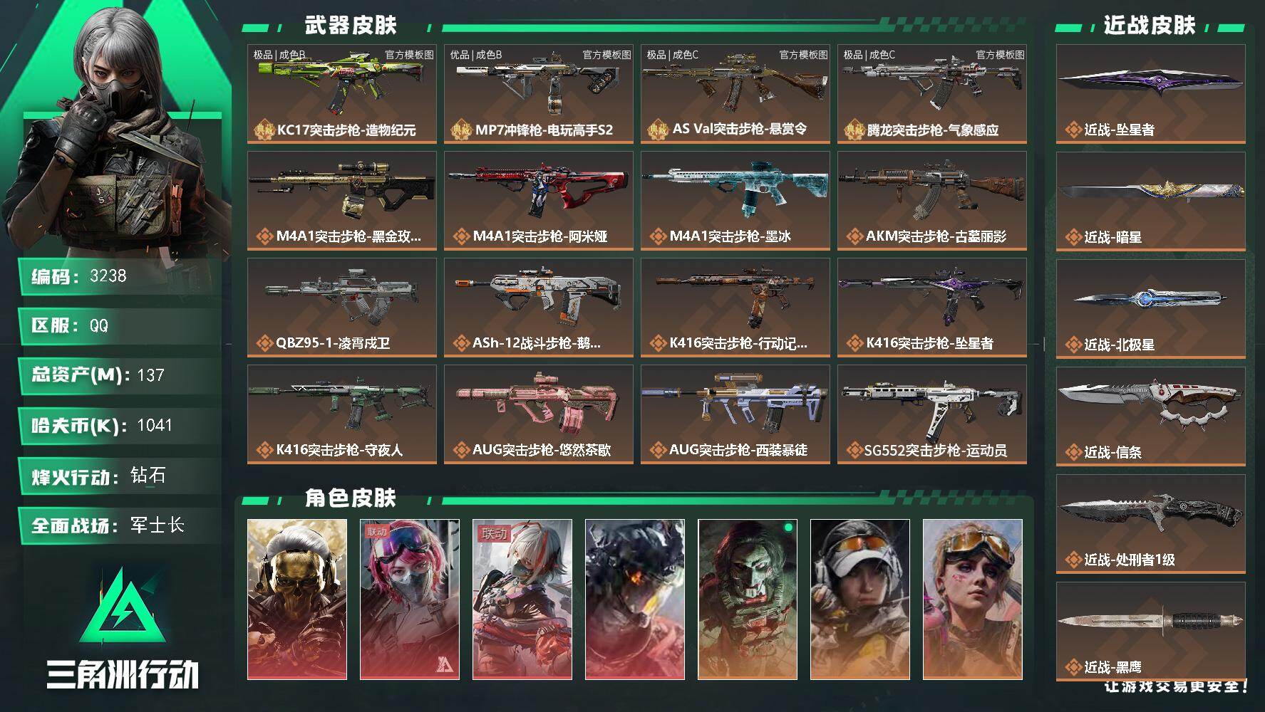 三角洲行动账号QQ137m总资产-1041k哈夫币-60烽火等级-钻石-50战场等级-军士长
【干员外观】：红狼-蚀金