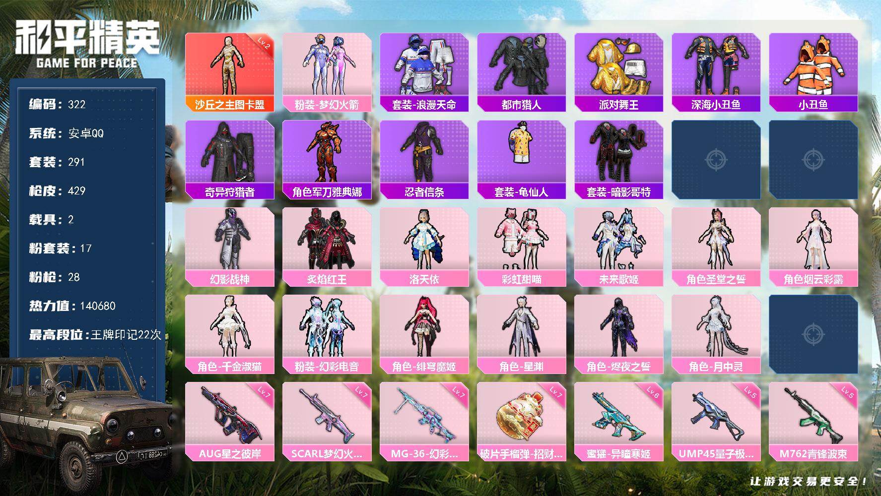 和平精英账号安卓QQ【编号49294  可秒换绑】【1红装  17粉装  28升级枪  2载具  2级图卡盟  萌熊伴侣