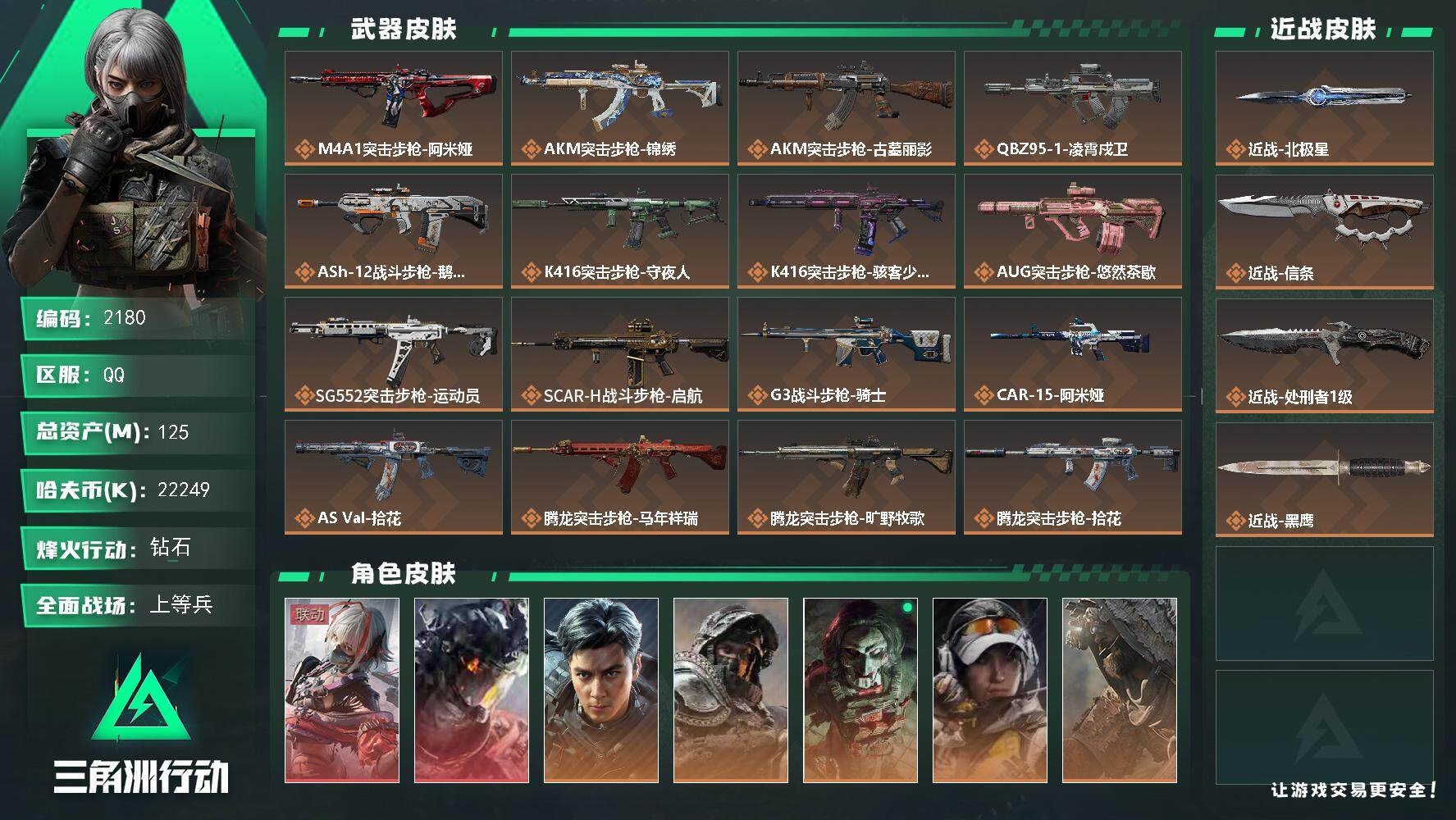 三角洲行动账号QQ125m总资产-22249k哈夫币-60烽火等级-钻石-31战场等级-上等兵
【干员外观】：骇爪-维