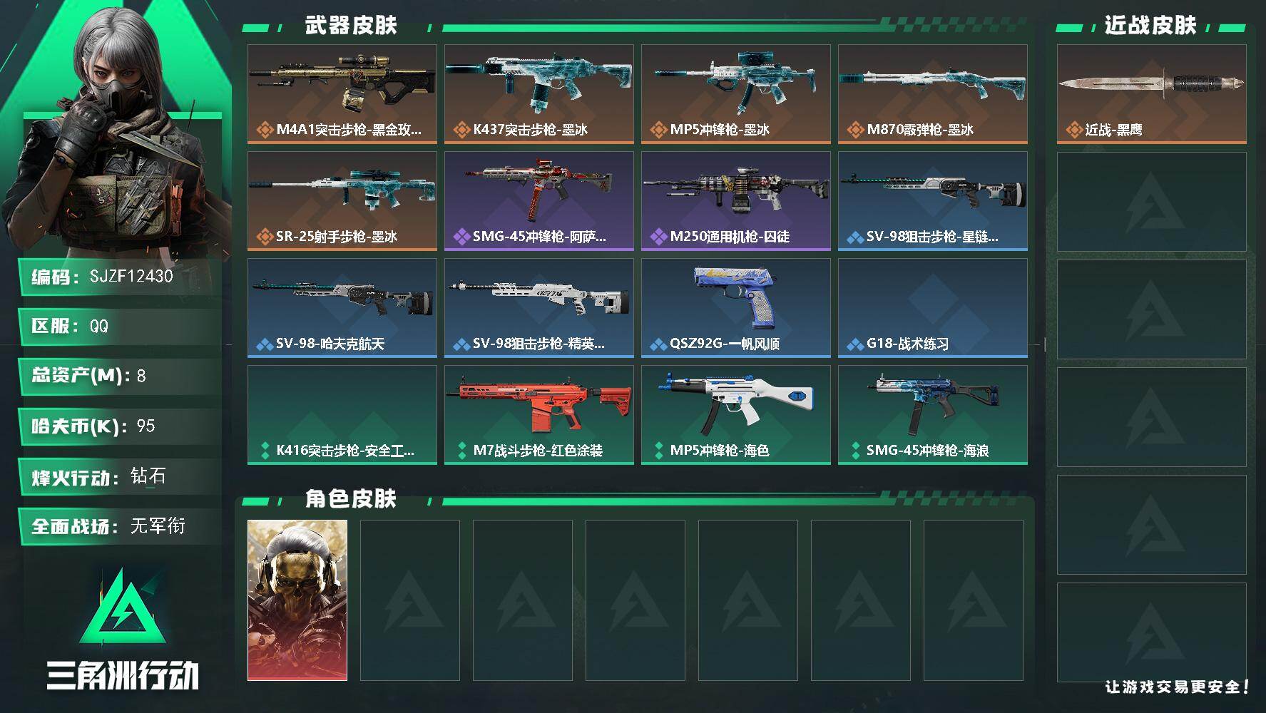 三角洲行动账号QQ【SJZF12430】总资产8M/哈夫币9万/干员外观数1/传说枪皮数5/战场等级1/行动等级36/安全箱等时效性道具以游戏内数据为准，详情请看图/红狼-蚀金玫瑰/近战-黑鹰/ M4A1突击步枪-蚀