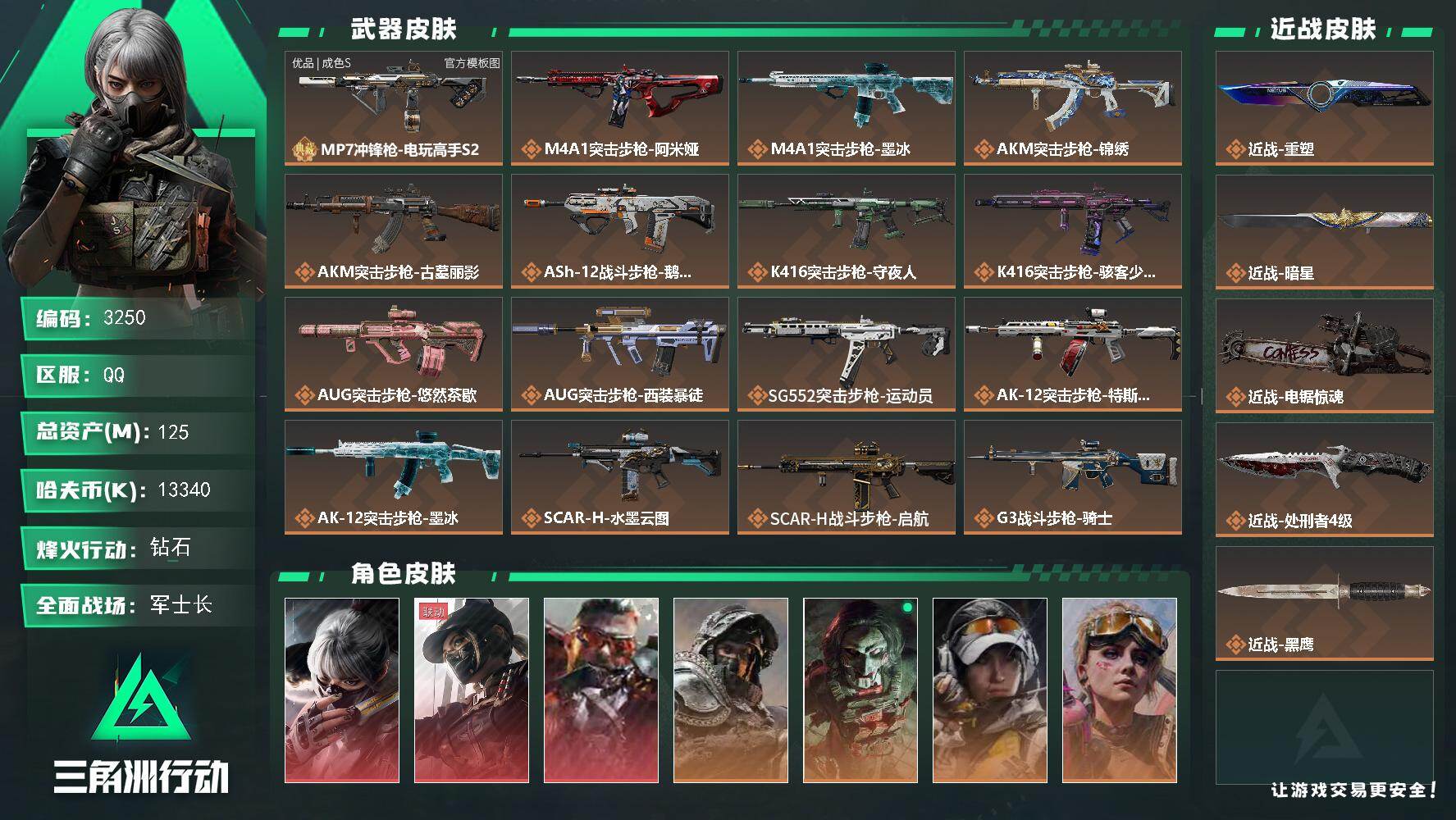 三角洲行动账号QQ125m总资产-13340k哈夫币-60烽火等级-钻石-50战场等级-军士长
【干员外观】：骇爪-水
