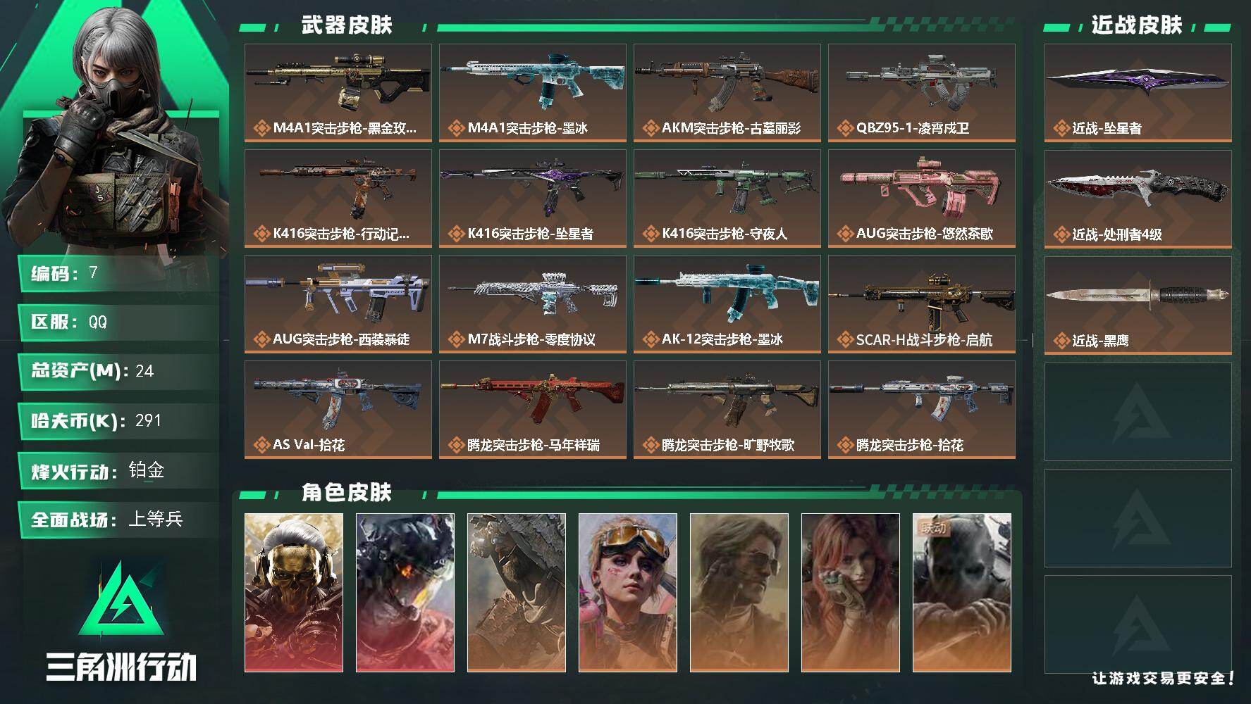 三角洲行动账号QQ24m总资产-291k哈夫币-60烽火等级-铂金-32战场等级-上等兵
【干员外观】：红狼-蚀金玫瑰