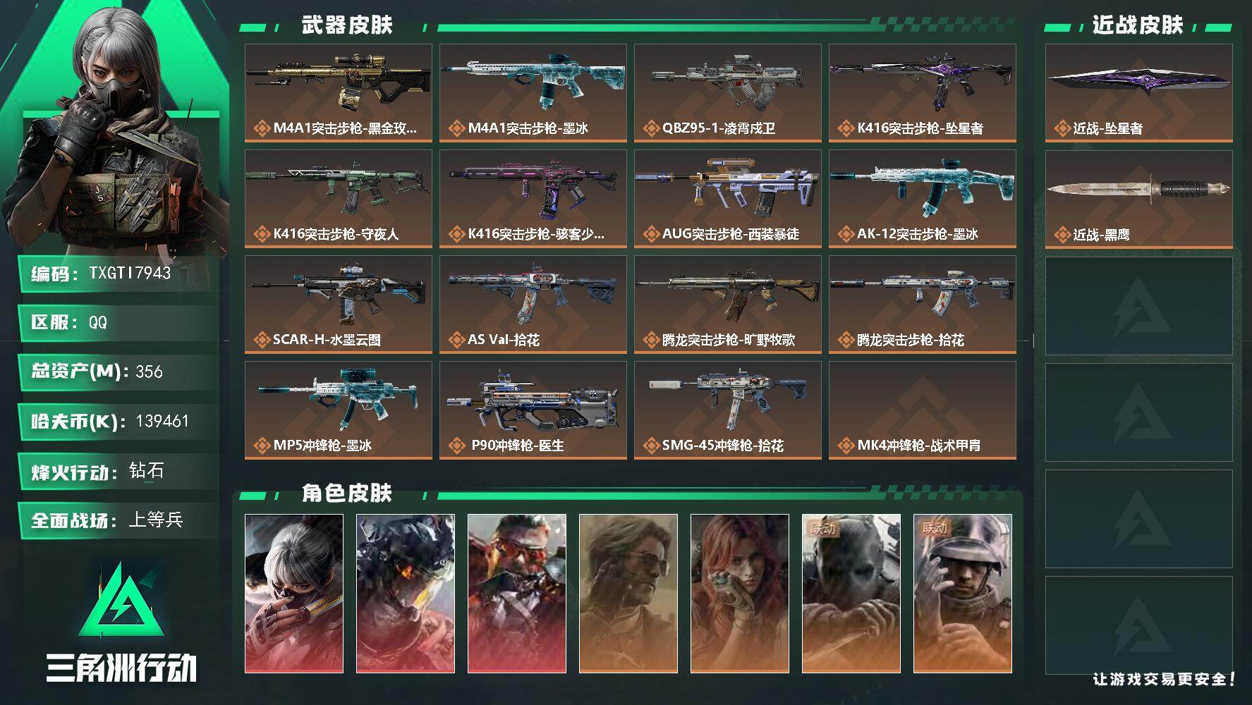 三角洲行动账号QQ【TTI7943】170aw子弹356m总资产-k哈夫币-60烽火等级-钻石-30战场等级-上等兵
