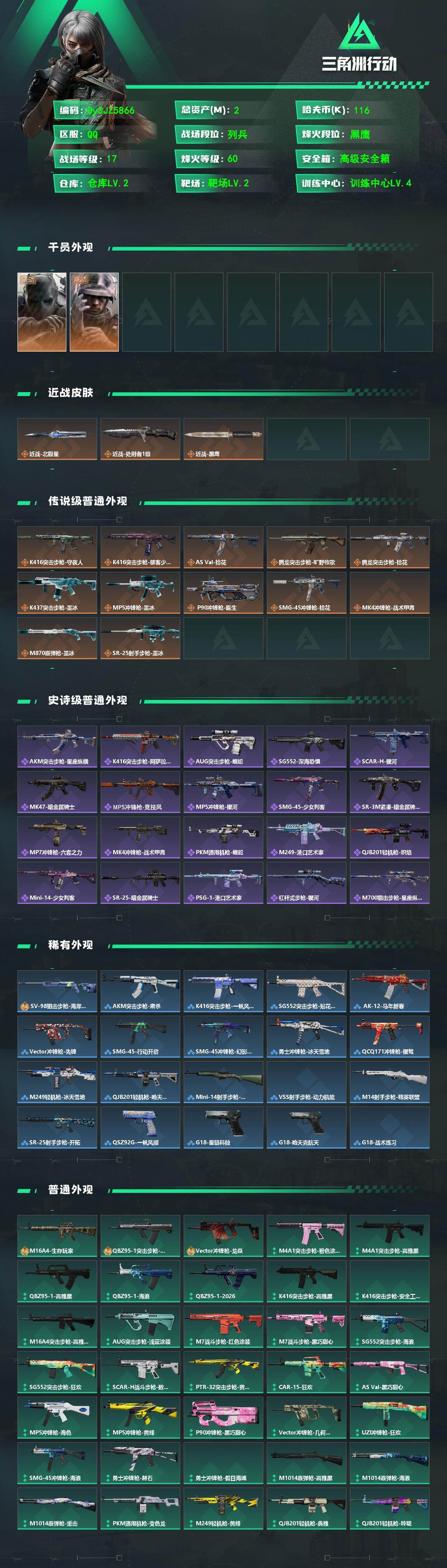 三角洲行动账号QQ【DySJZ5866】总资产2M/哈夫币11万/传说近战数2/干员外观数2/传说枪皮数12/战场等级17/行动等级60/安全箱等时效性道具以游戏内数据为准，详情请看图/无名-守夜人/蜂医-医生/近战