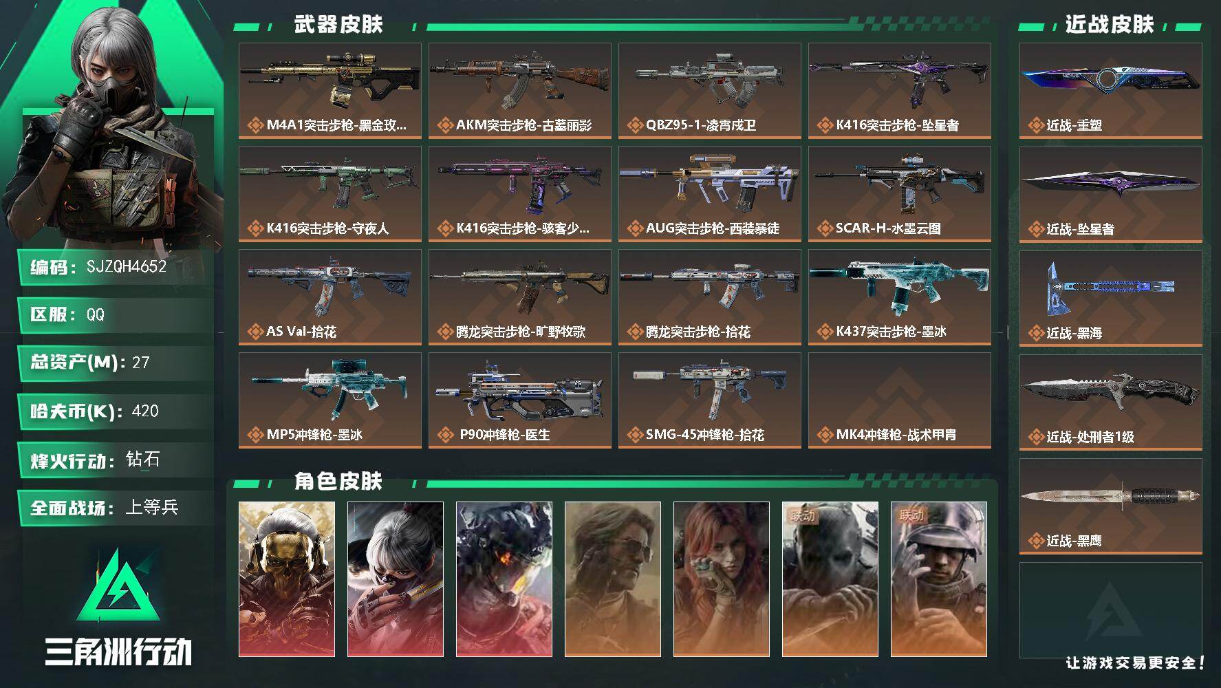 三角洲行动账号QQ【SJZQH4652】总资产27M/哈夫币42万/传说近战数4/干员外观数8/传说枪皮数19/战场等级24/行动等级60/安全箱等时效性道具以游戏内数据为准，详情请看图/红狼-蚀金玫瑰/骇爪-水墨云