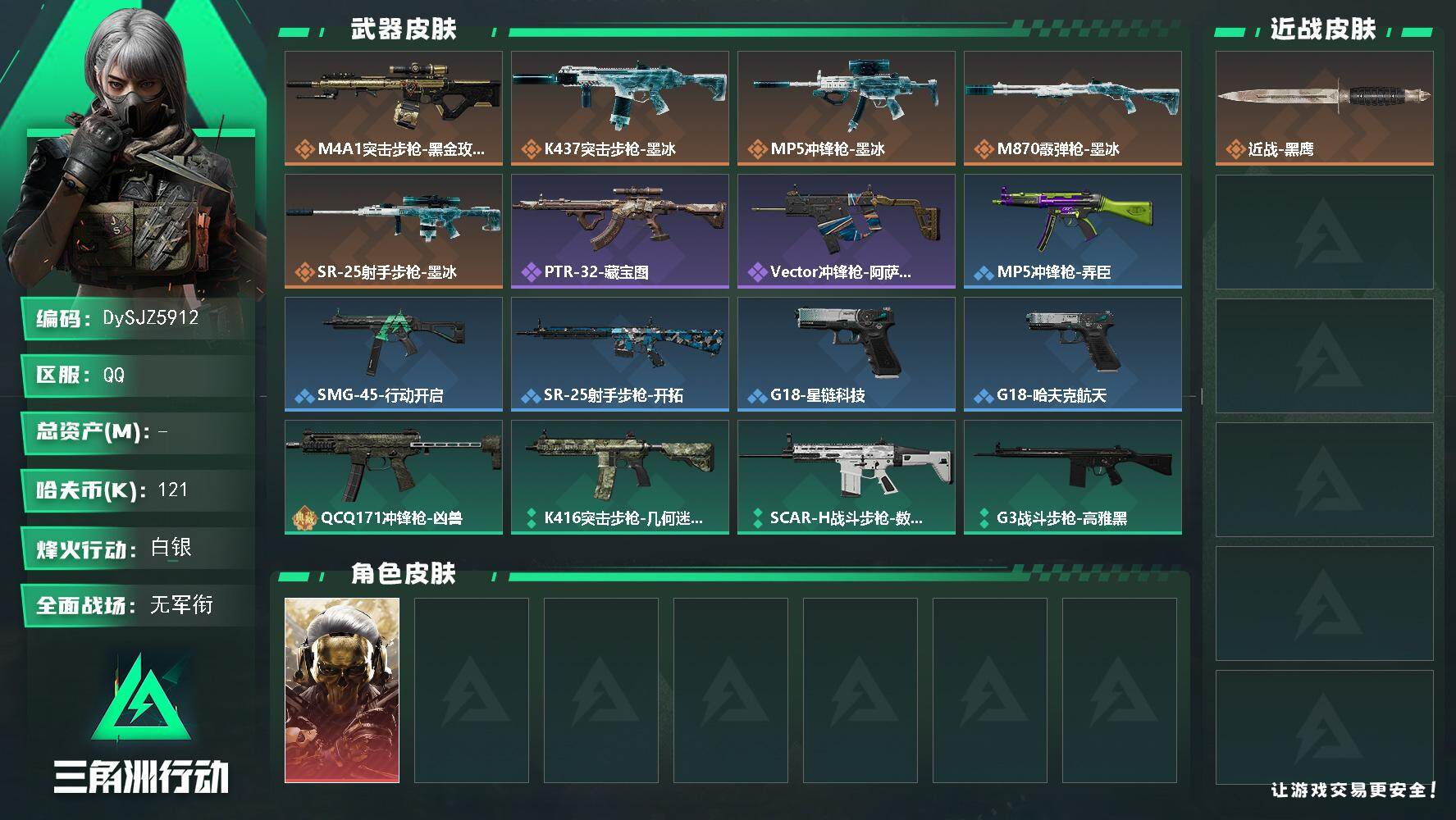 三角洲行动账号QQ【DySJZ5912】哈夫币12万/干员外观数1/传说枪皮数5/战场等级1/行动等级37/安全箱等时效性道具以游戏内数据为准，详情请看图/红狼-蚀金玫瑰/近战-黑鹰/ M4A1突击步枪-蚀金玫瑰/K