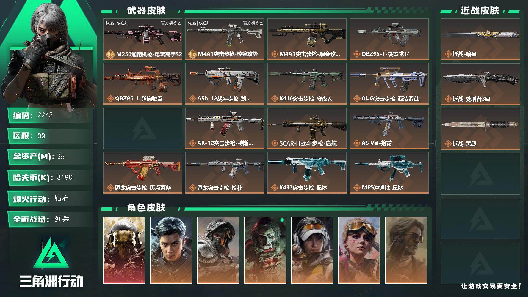三角洲行动账号QQ35m总资产-3190k哈夫币-60烽火等级-钻石-24战场等级-列兵
【干员外观】：红狼-蚀金玫瑰