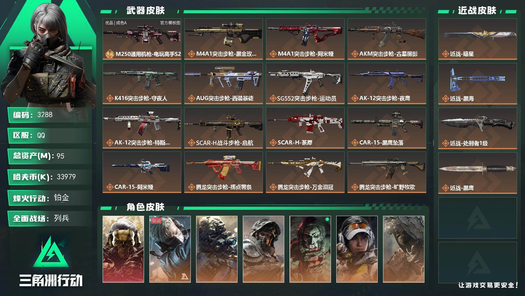 三角洲行动账号QQ95m总资产-33979k哈夫币-60烽火等级-铂金-24战场等级-列兵
【干员外观】：红狼-蚀金玫