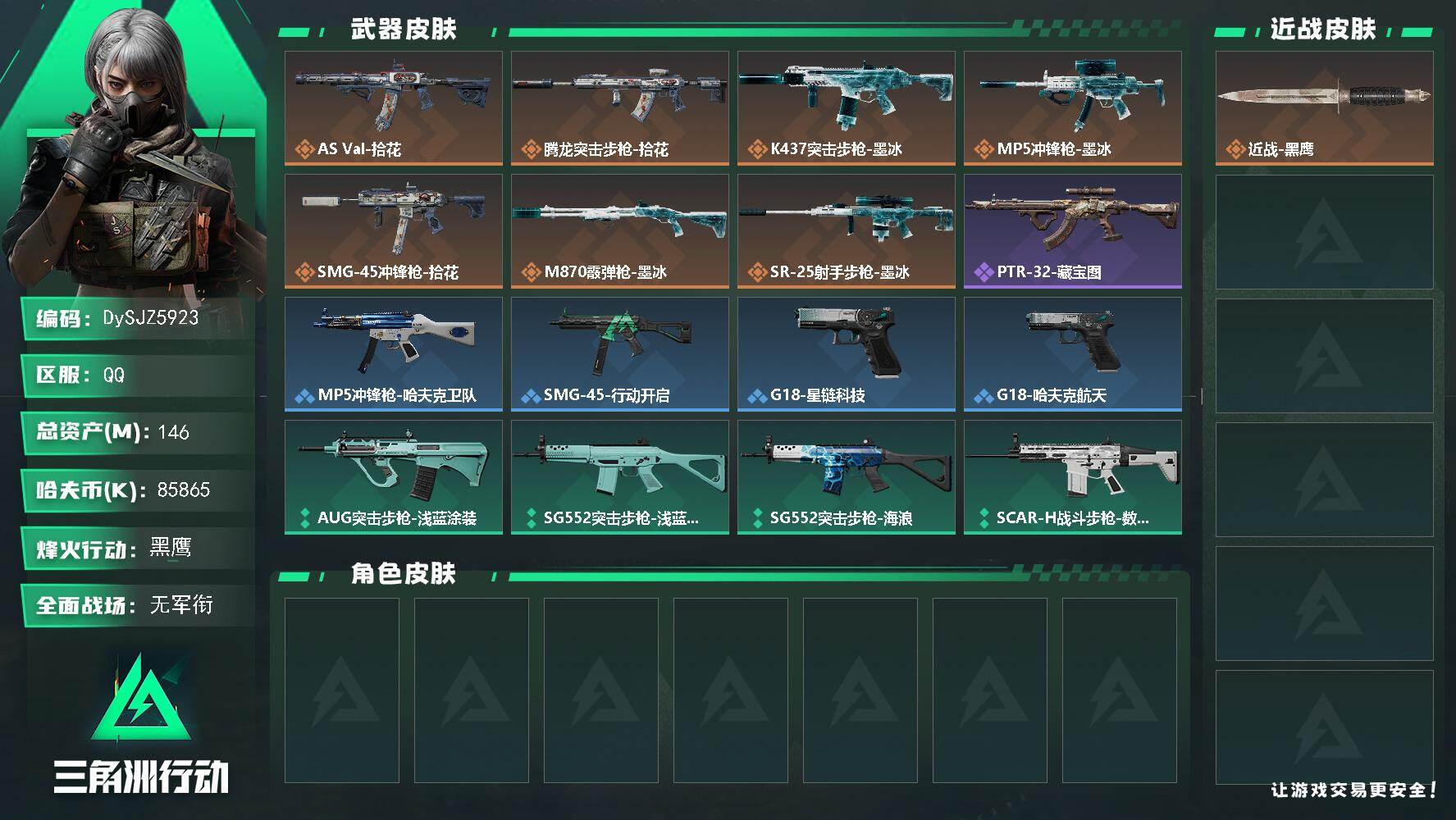 三角洲行动账号QQ【DySJZ5923】总资产146M/哈夫币8586万/传说枪皮数7/战场等级1/行动等级60/安全箱等时效性道具以游戏内数据为准，详情请看图/近战-黑鹰/AS Val突击步枪-拾花/腾龙突击步枪-