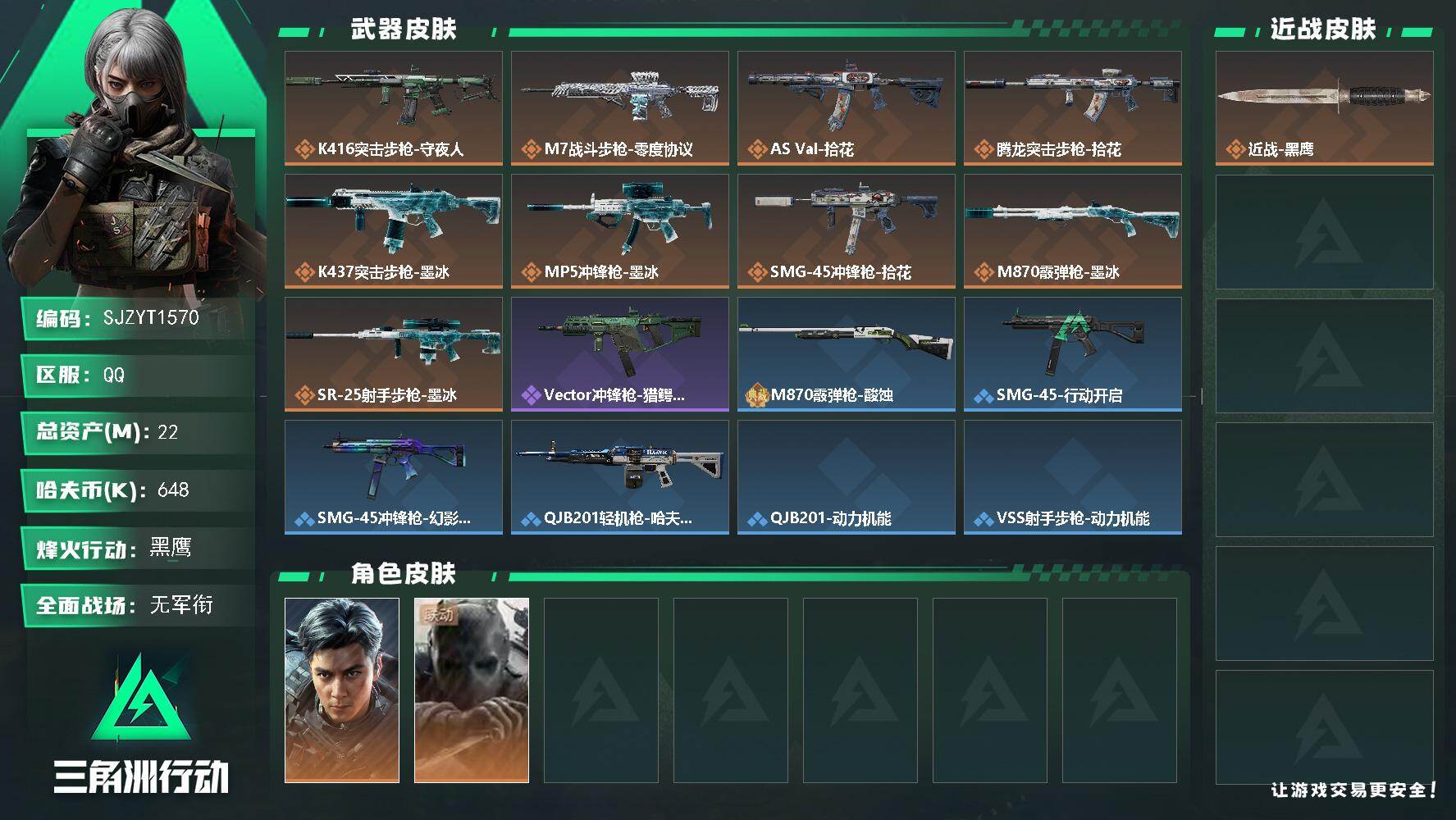 三角洲行动账号QQ【SJZYT1570】总资产22M/哈夫币64万/干员外观数2/传说枪皮数9/战场等级1/行动等级60/安全箱等时效性道具以游戏内数据为准，详情请看图/威龙-飞虎/无名-守夜人/近战-黑鹰/K416