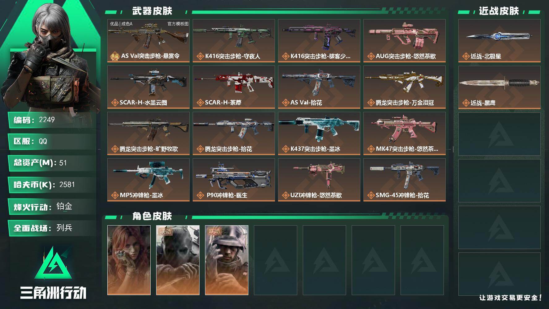 三角洲行动账号QQ51m总资产-2581k哈夫币-60烽火等级-铂金-21战场等级-列兵
【干员外观】：疾风-西部往事
