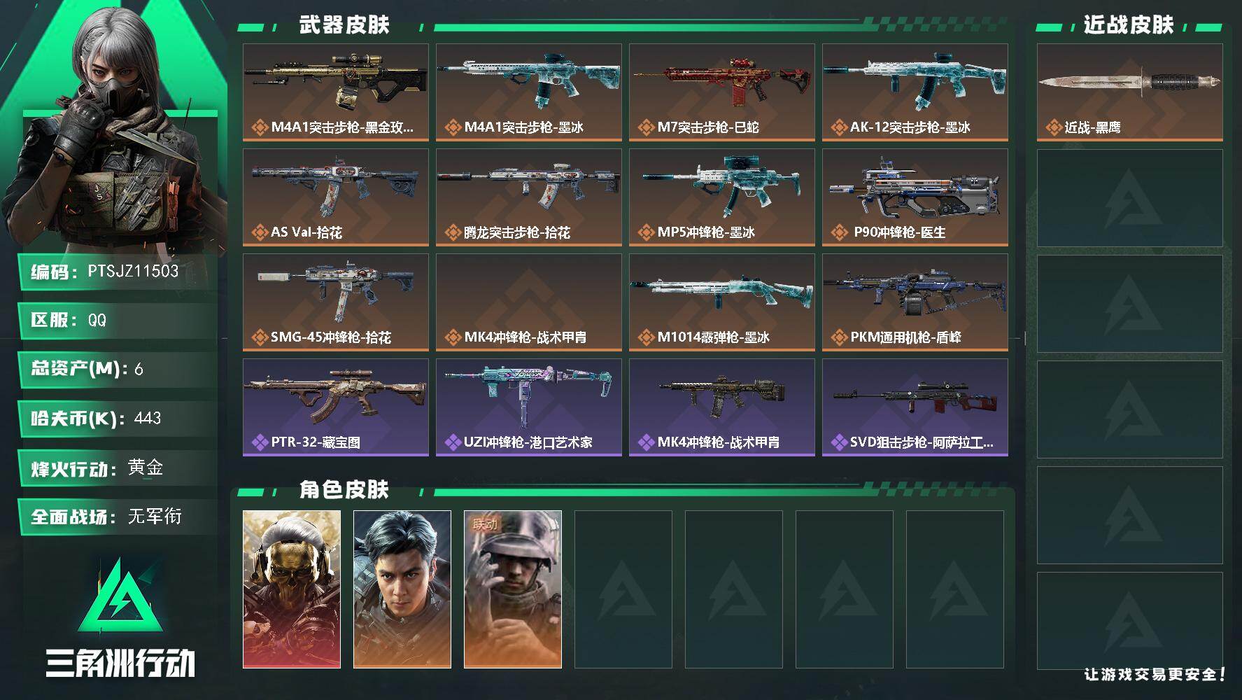 三角洲行动账号QQ【PTSJZ11503】总资产6M/哈夫币44万/干员外观数3/传说枪皮数12/战场等级1/行动等级